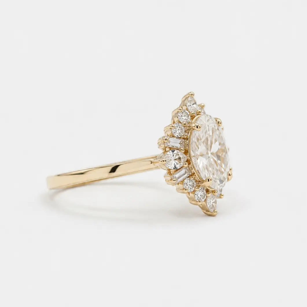 Oval Cut Moissanite Cluster Engagement Ring with Accents  Vintage Inspired Bridal Ring