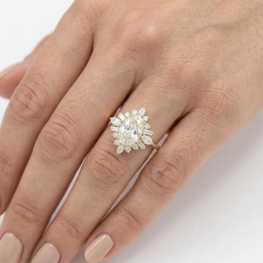 Oval Cut Moissanite Cluster Engagement Ring with Accents  Vintage Inspired Bridal Ring
