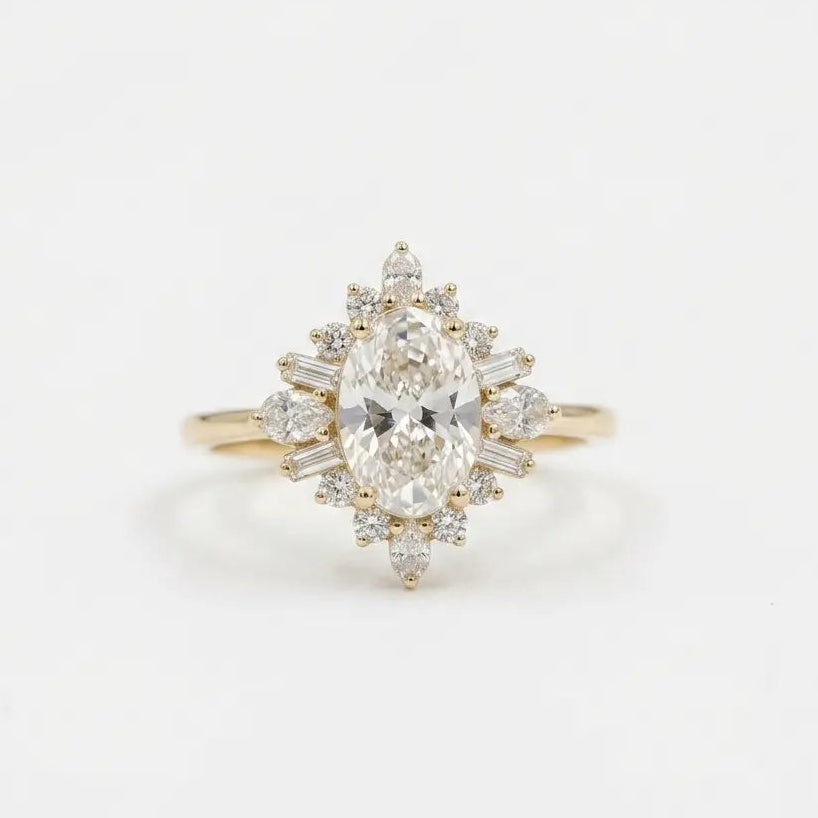 Oval Cut Moissanite Cluster Engagement Ring with Accents  Vintage Inspired Bridal Ring