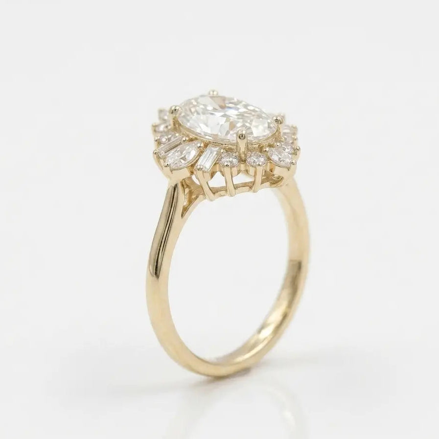 Oval Cut Moissanite Cluster Engagement Ring with Accents  Vintage Inspired Bridal Ring