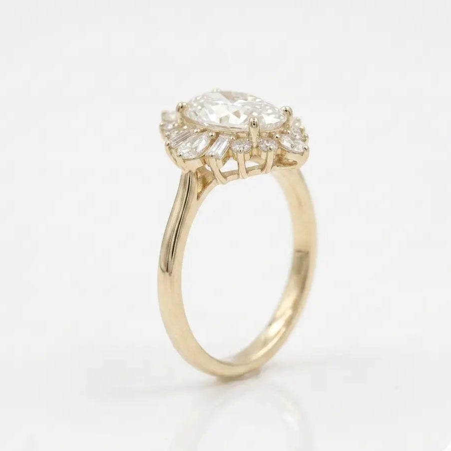 Oval Cut Moissanite Cluster Engagement Ring with Accents  Vintage Inspired Bridal Ring