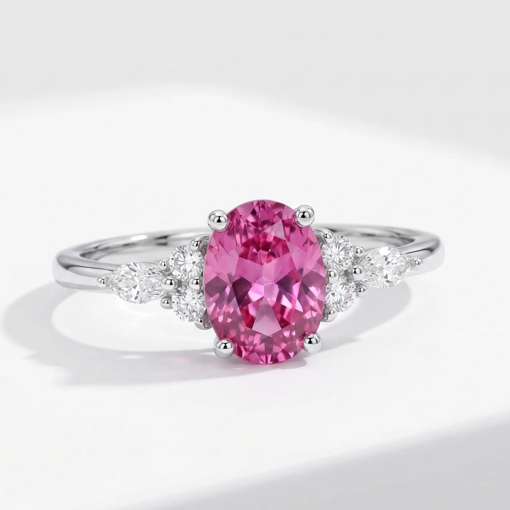 Oval Cut Morganite Ring with Marquise and Round Diamond Accents