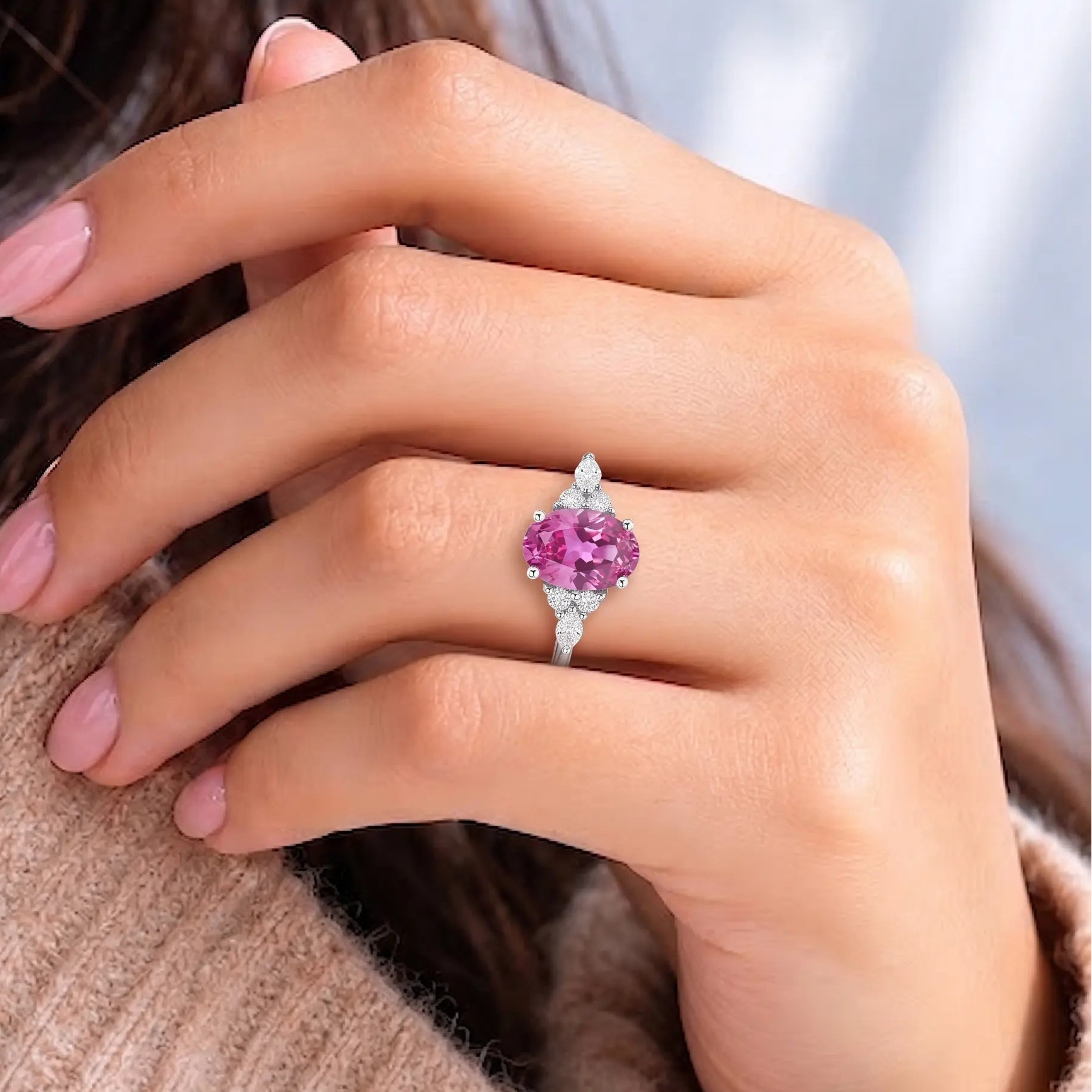 Oval Cut Morganite Ring with Marquise and Round Diamond Accents