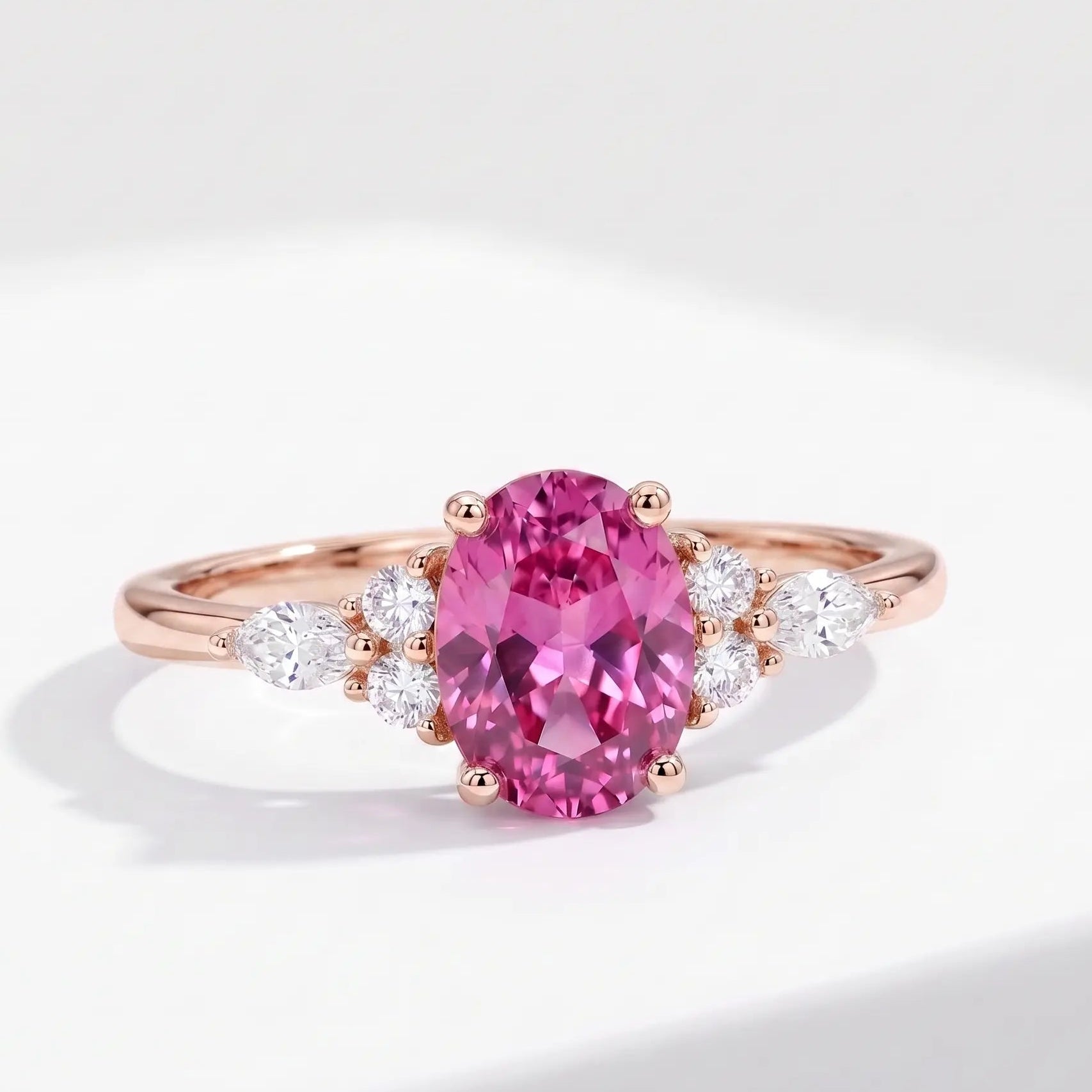 Oval Cut Morganite Ring with Marquise and Round Diamond Accents