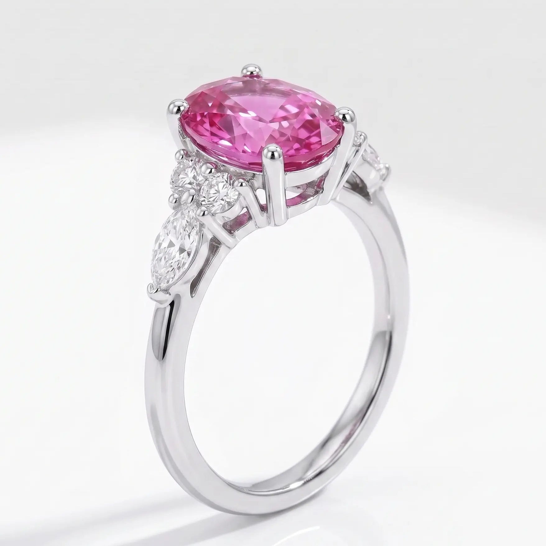 Oval Cut Morganite Ring with Marquise and Round Diamond Accents