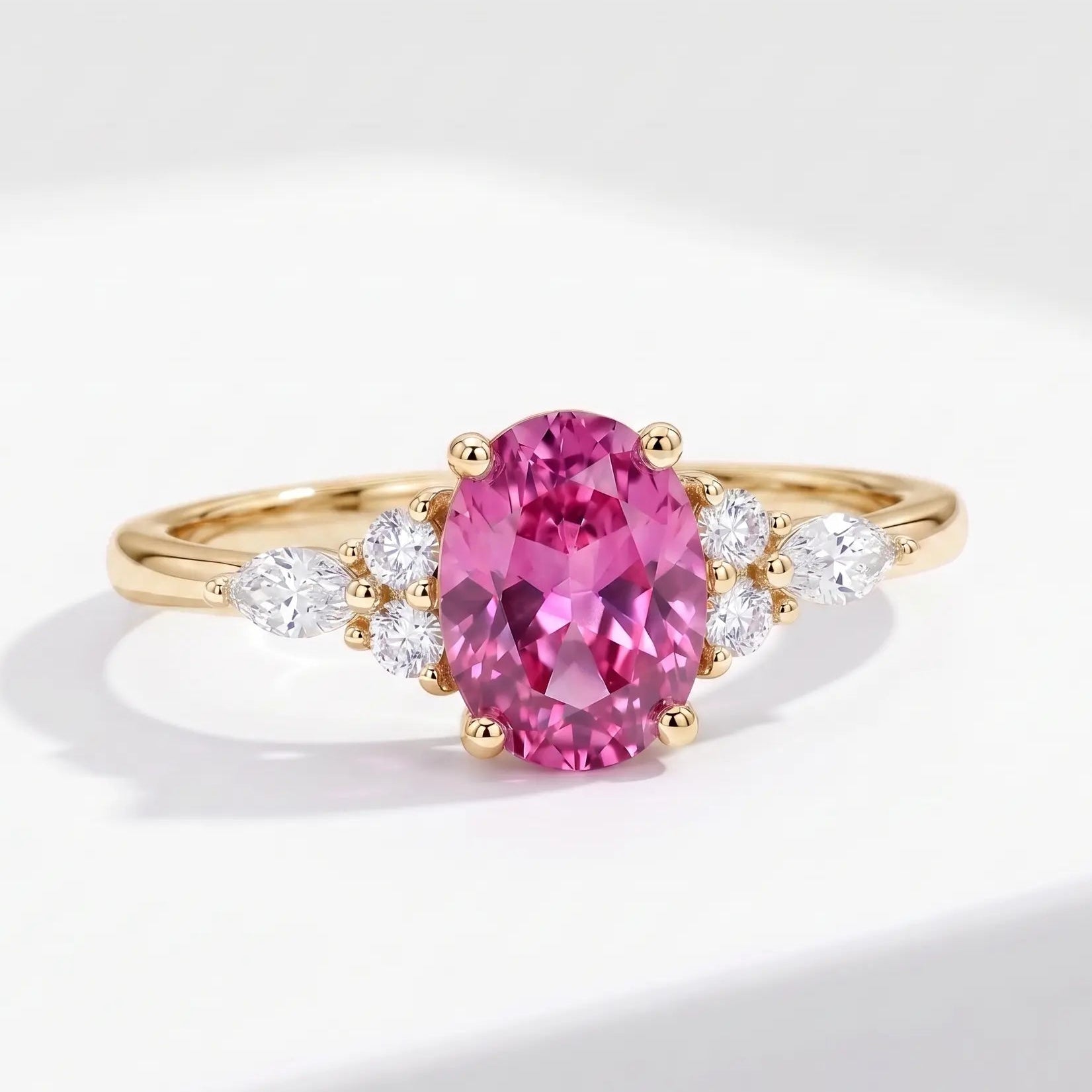 Oval Cut Morganite Ring with Marquise and Round Diamond Accents