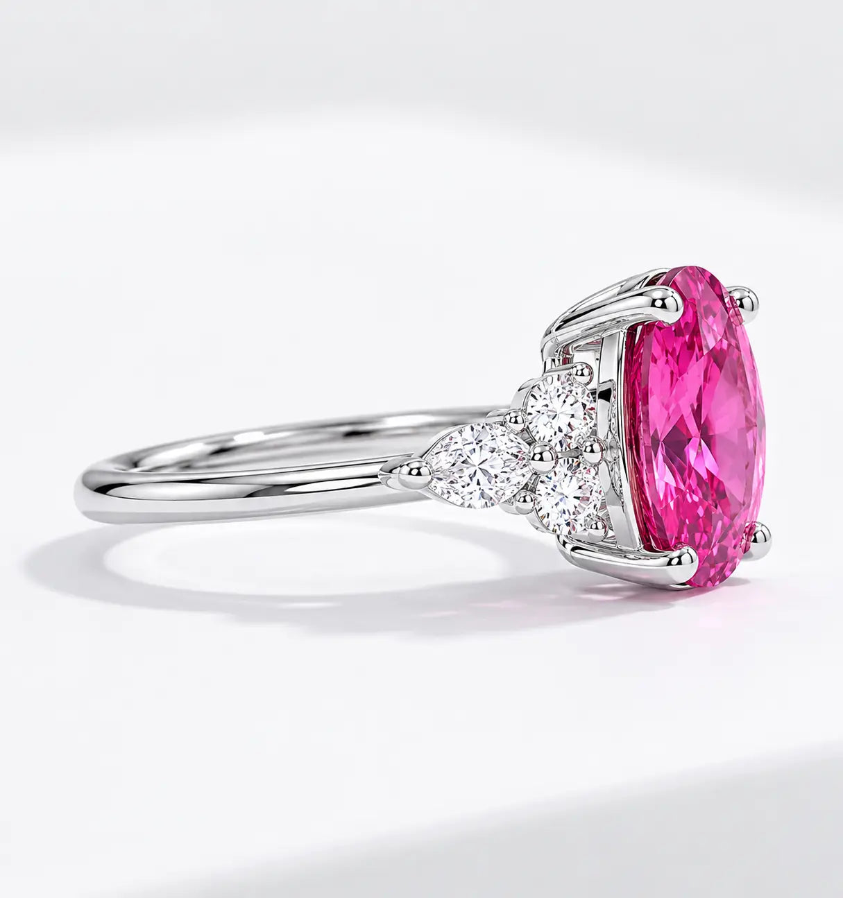 Oval Cut Morganite Ring with Marquise and Round Diamond Accents