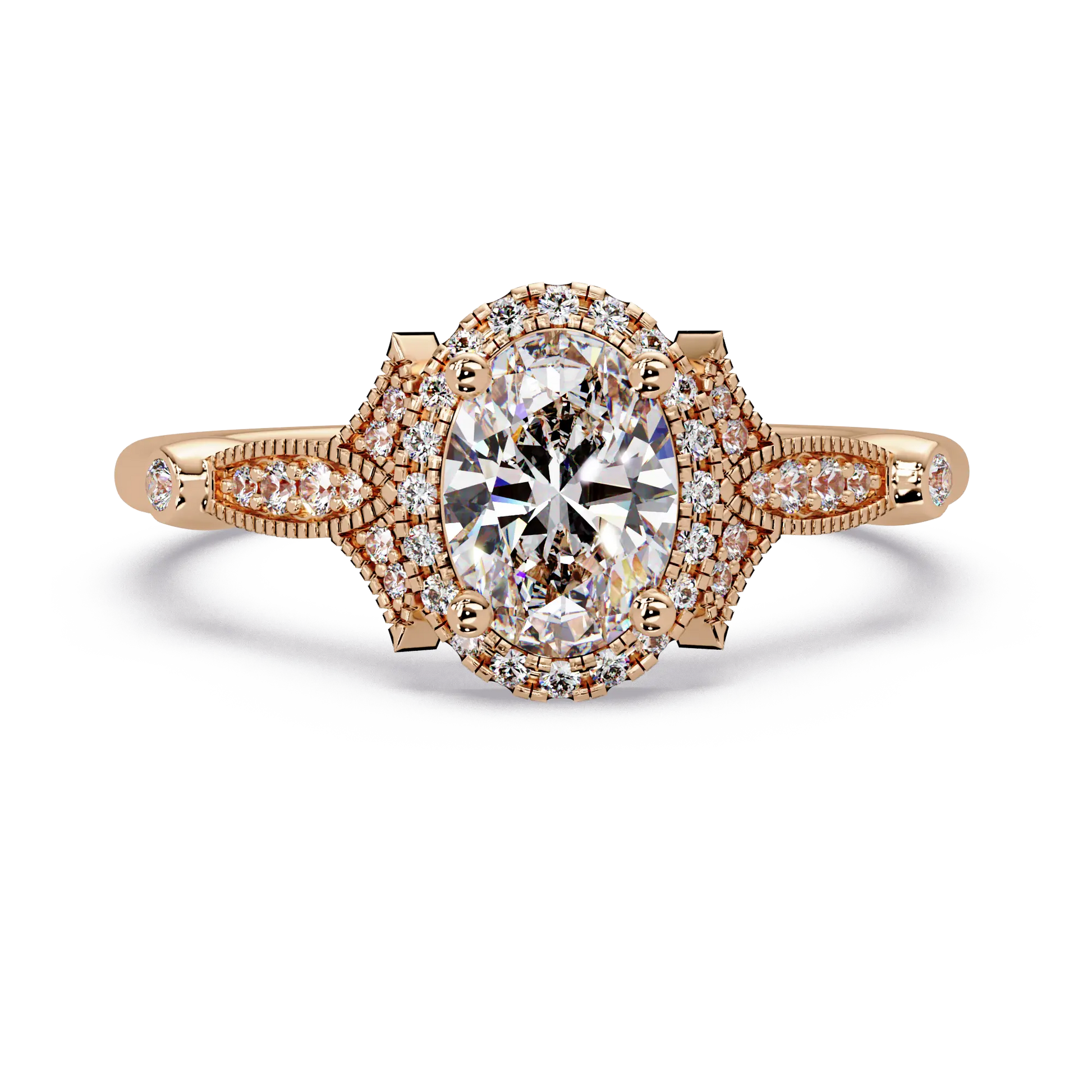 Oval Lab Grown Diamond Halo Engagement Ring with Vintage Milgrain Accents