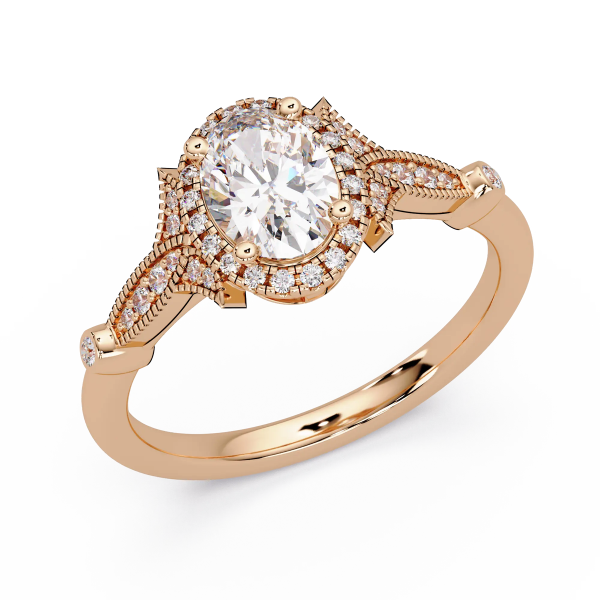 Oval Lab Grown Diamond Halo Engagement Ring with Vintage Milgrain Accents