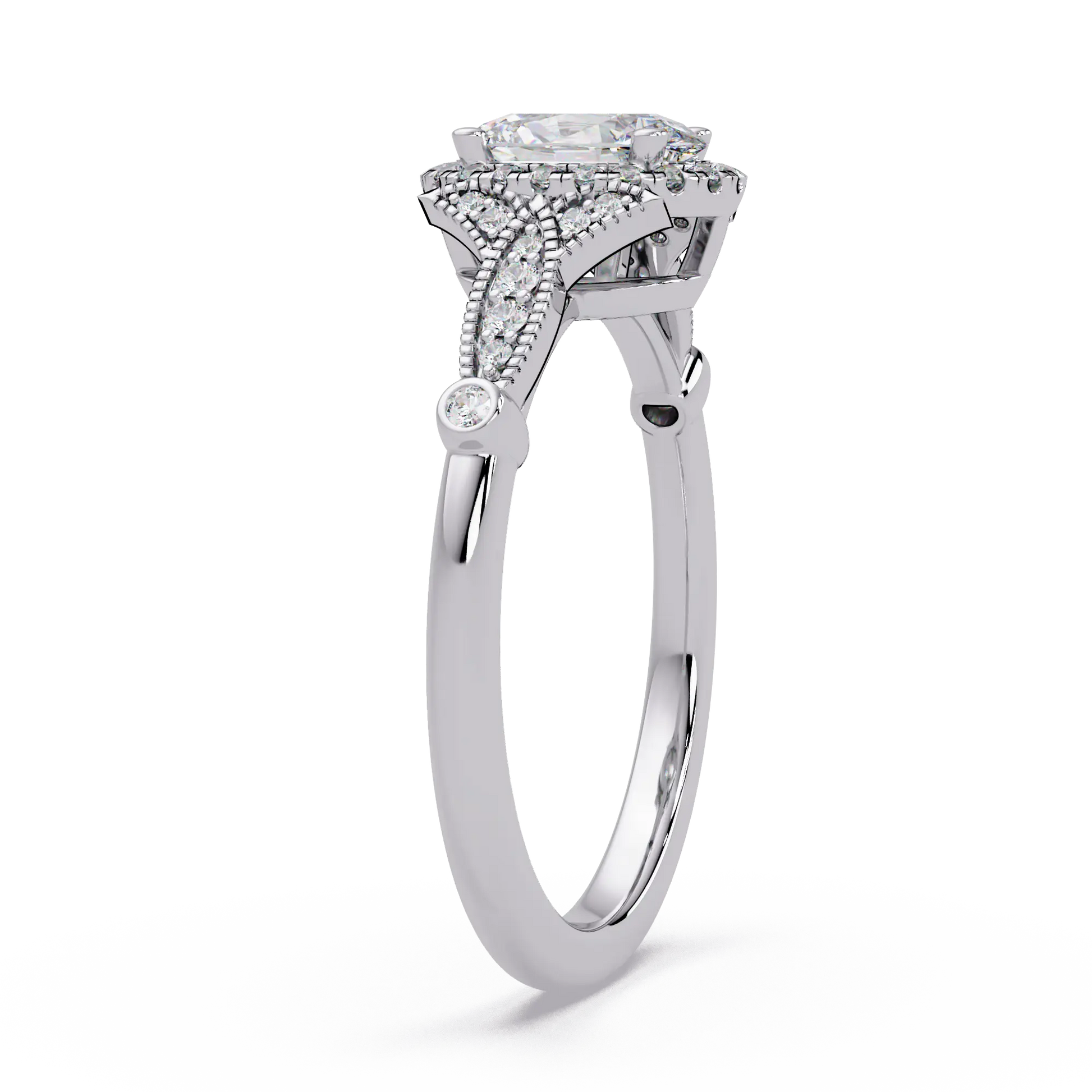 Oval Lab Grown Diamond Halo Engagement Ring with Vintage Milgrain Accents