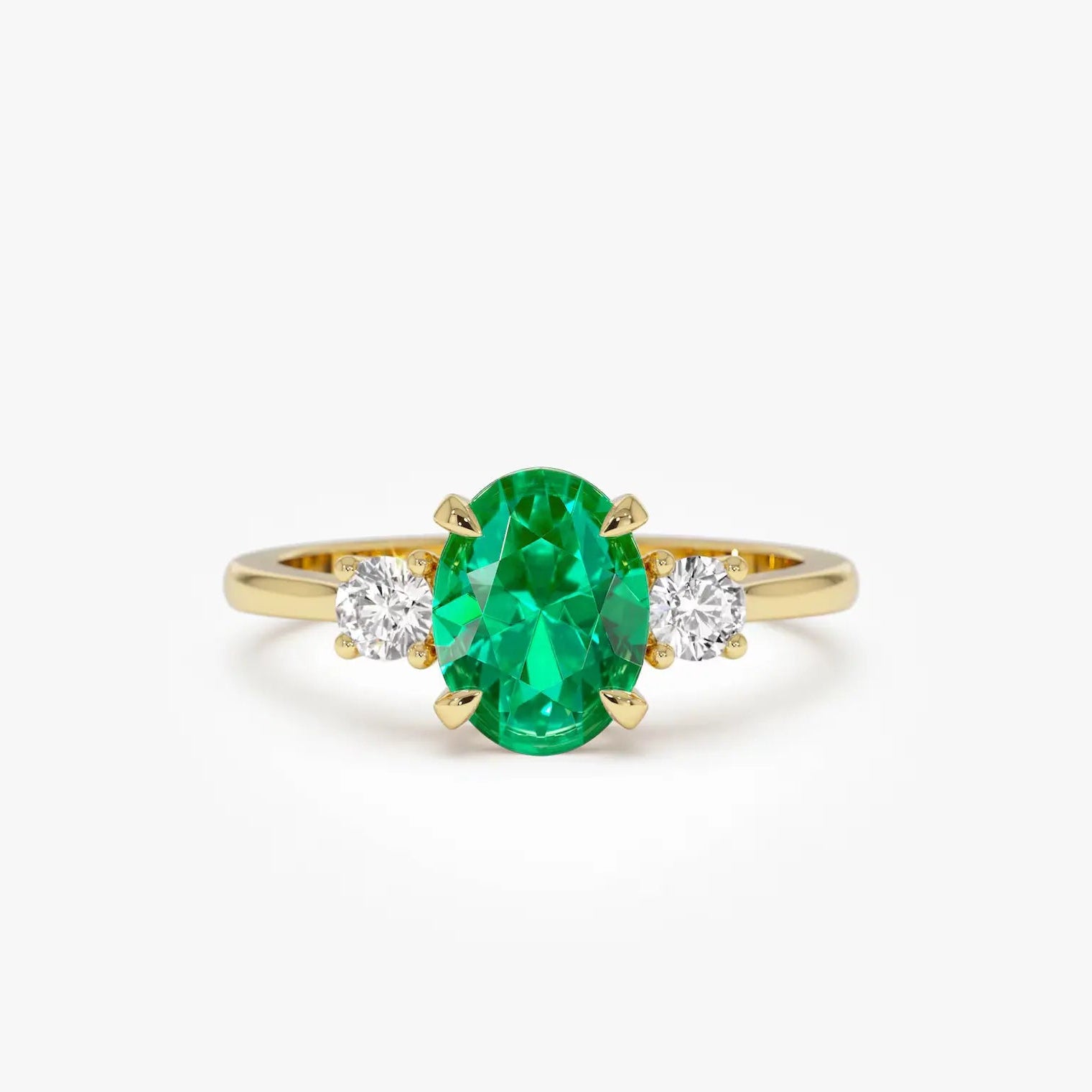 Oval Emerald Green Lab Grown Diamond Three Stone Engagement Ring with Round Side Stones – Timeless Vintage Inspired Bridal Ring