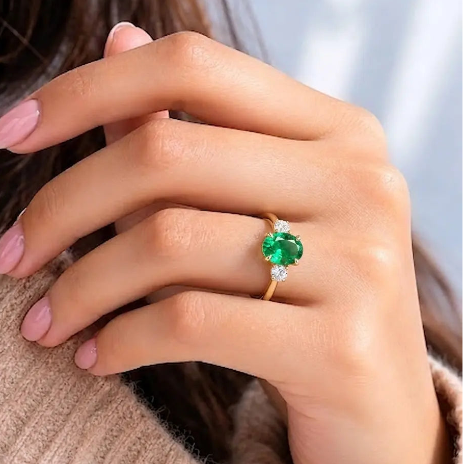Oval Lab Grown Emerald Three Stone Engagement Ring with Round Side Stones – Timeless Vintage Inspired Bridal Ring