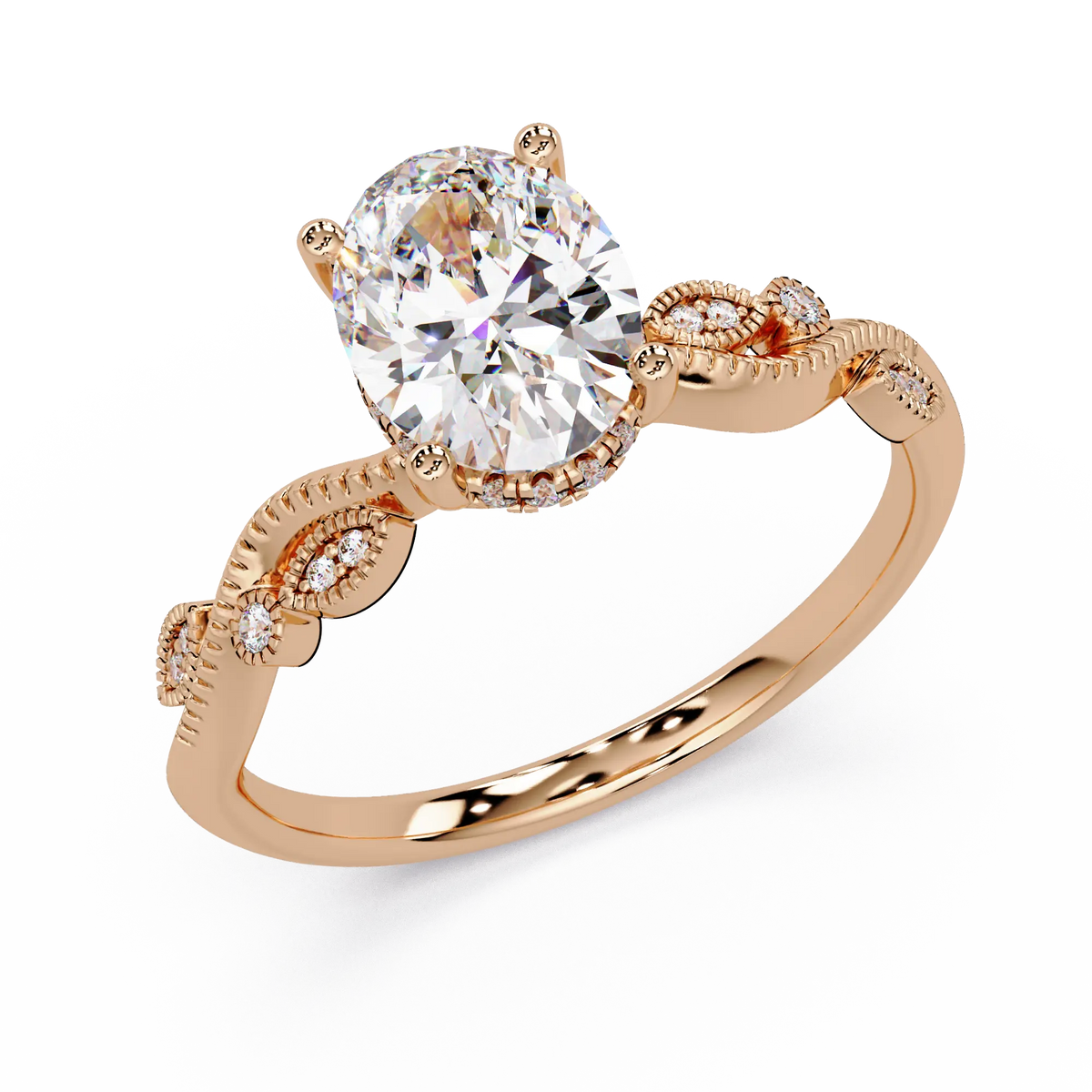 Oval Lab Grown Diamond Engagement Ring with Vintage Leaf-Inspired Twisted Shank