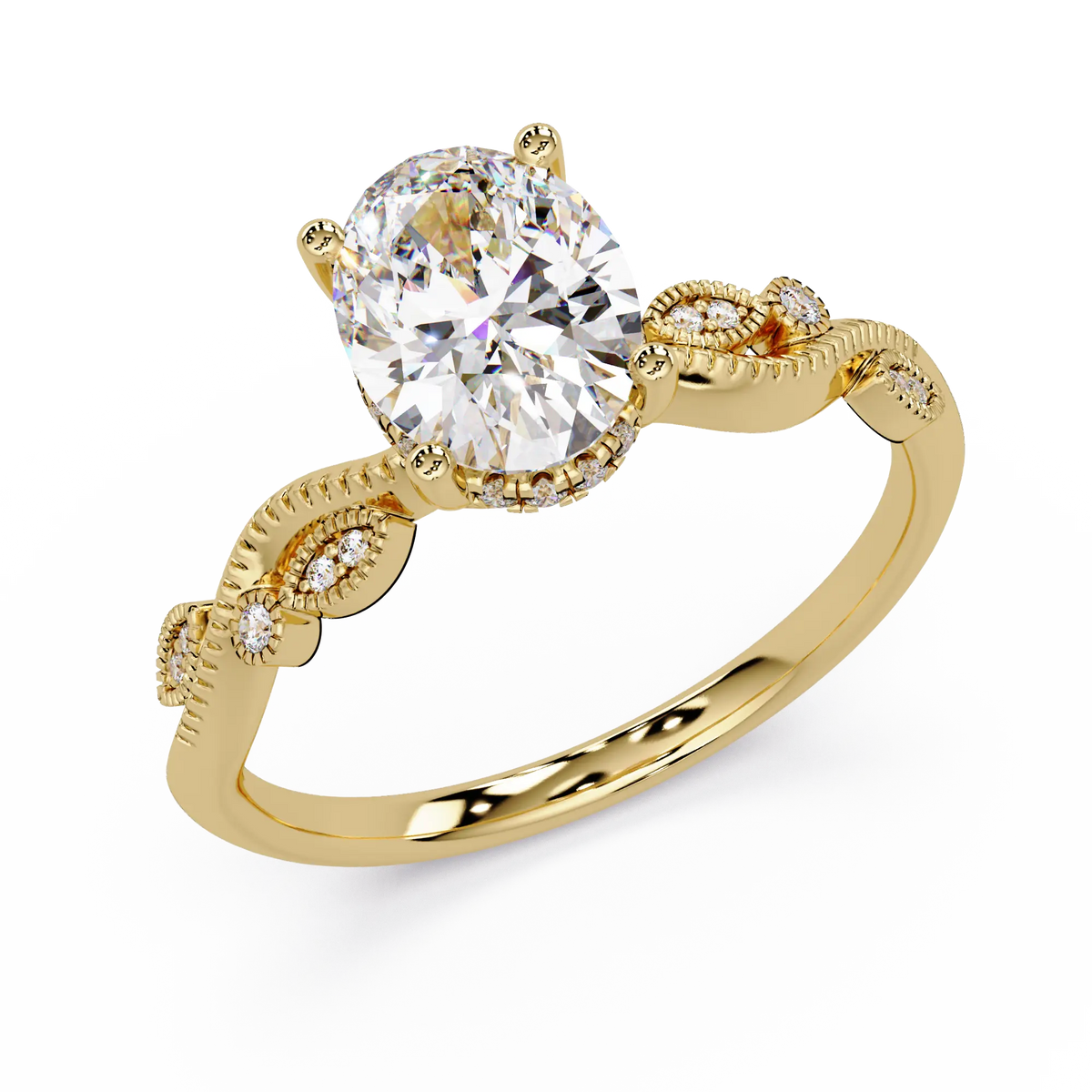Oval Lab Grown Diamond Engagement Ring with Vintage Leaf-Inspired Twisted Shank