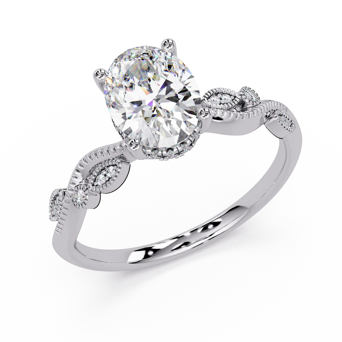Oval Lab Grown Diamond Engagement Ring with Vintage Leaf-Inspired Twisted Shank