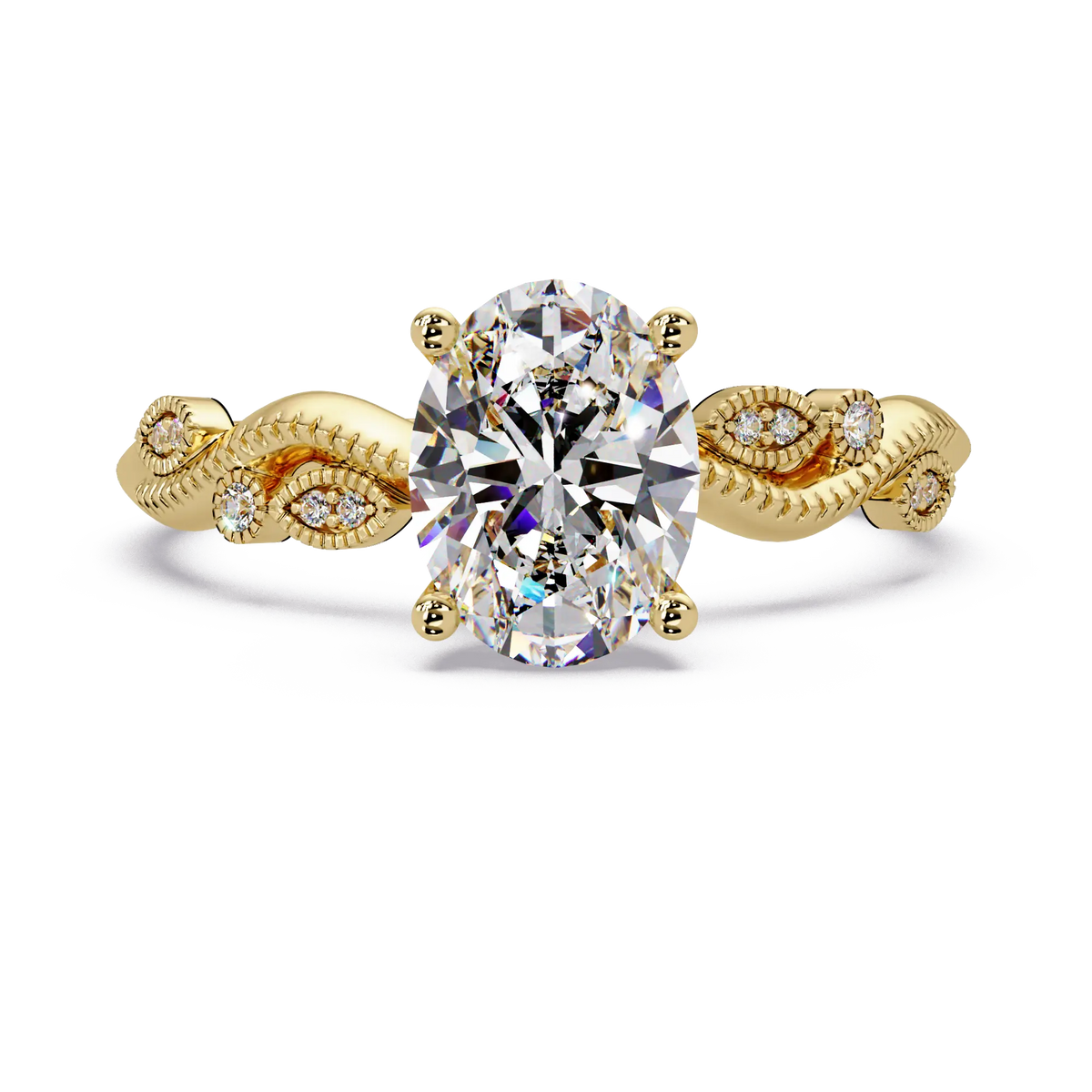 Oval Lab Grown Diamond Engagement Ring with Vintage Leaf-Inspired Twisted Shank