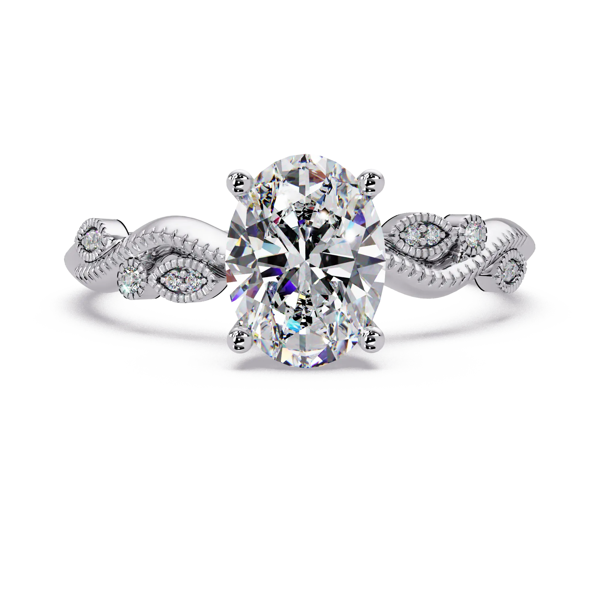 Oval Lab Grown Diamond Engagement Ring with Vintage Leaf-Inspired Twisted Shank