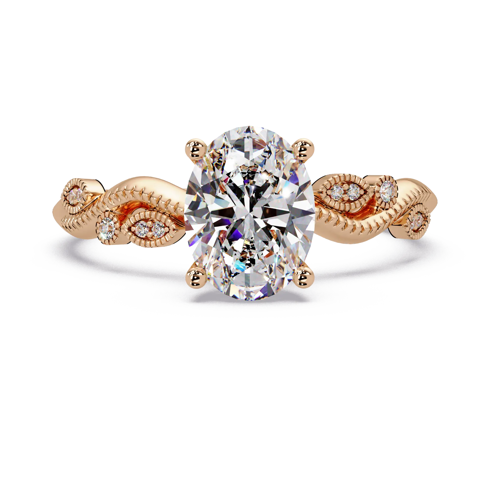Oval Lab Grown Diamond Engagement Ring with Vintage Leaf-Inspired Twisted Shank