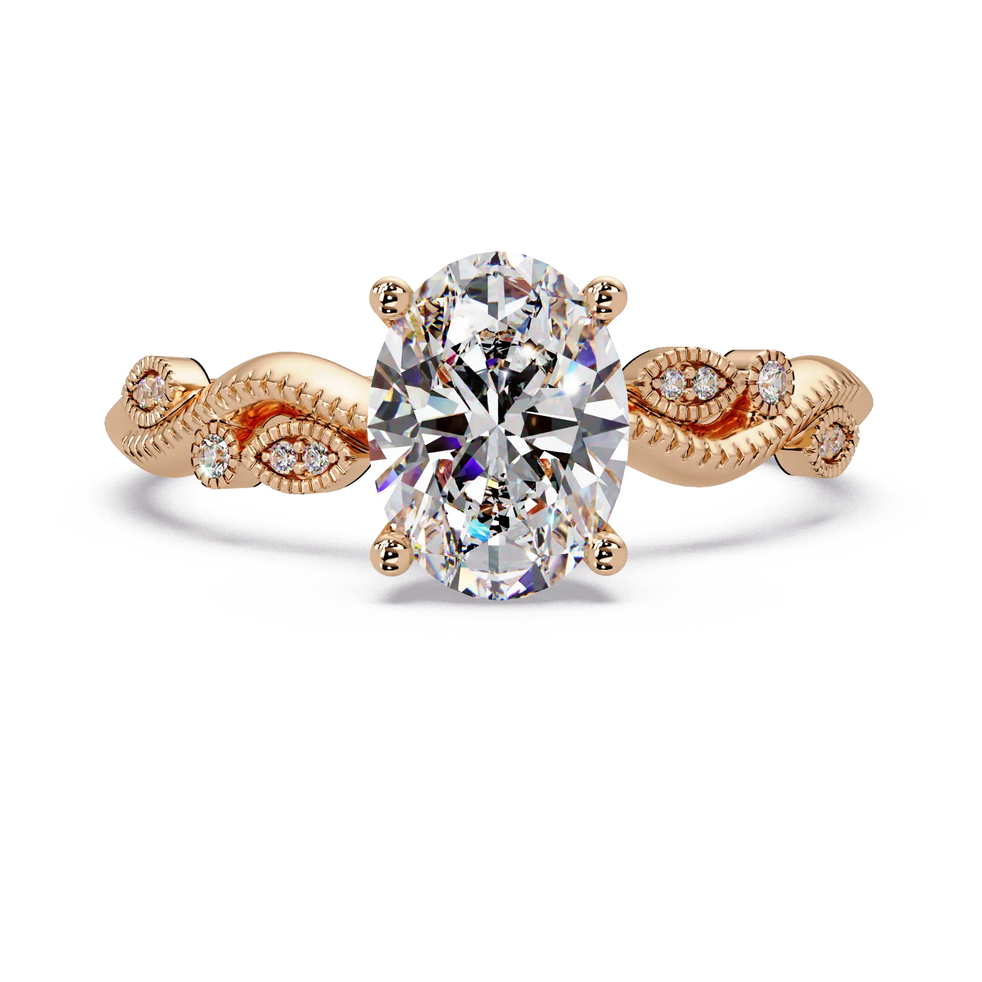 Oval Lab Grown Diamond Engagement Ring with Vintage Leaf-Inspired Twisted Shank