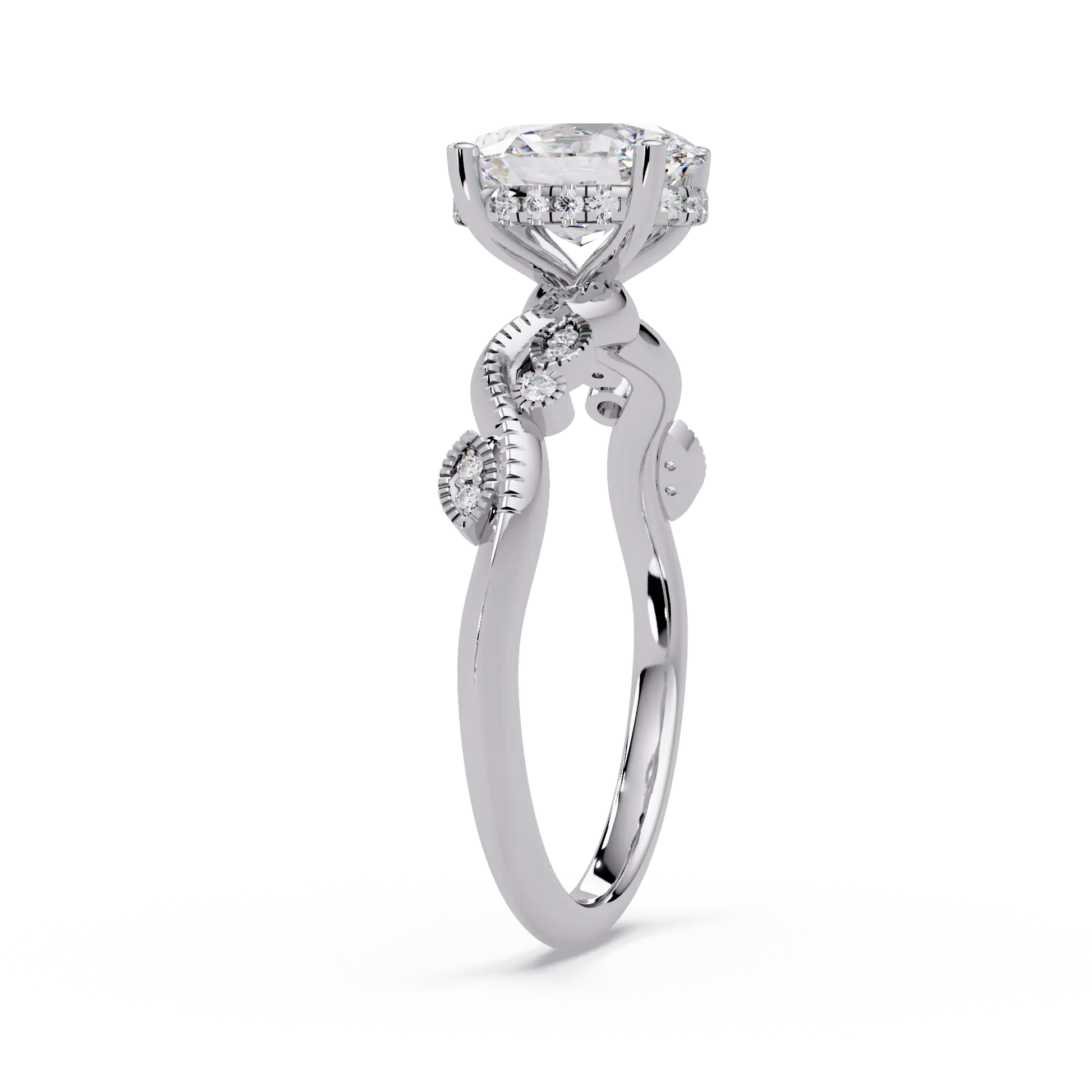 Oval Lab Grown Diamond Engagement Ring with Vintage Leaf-Inspired Twisted Shank