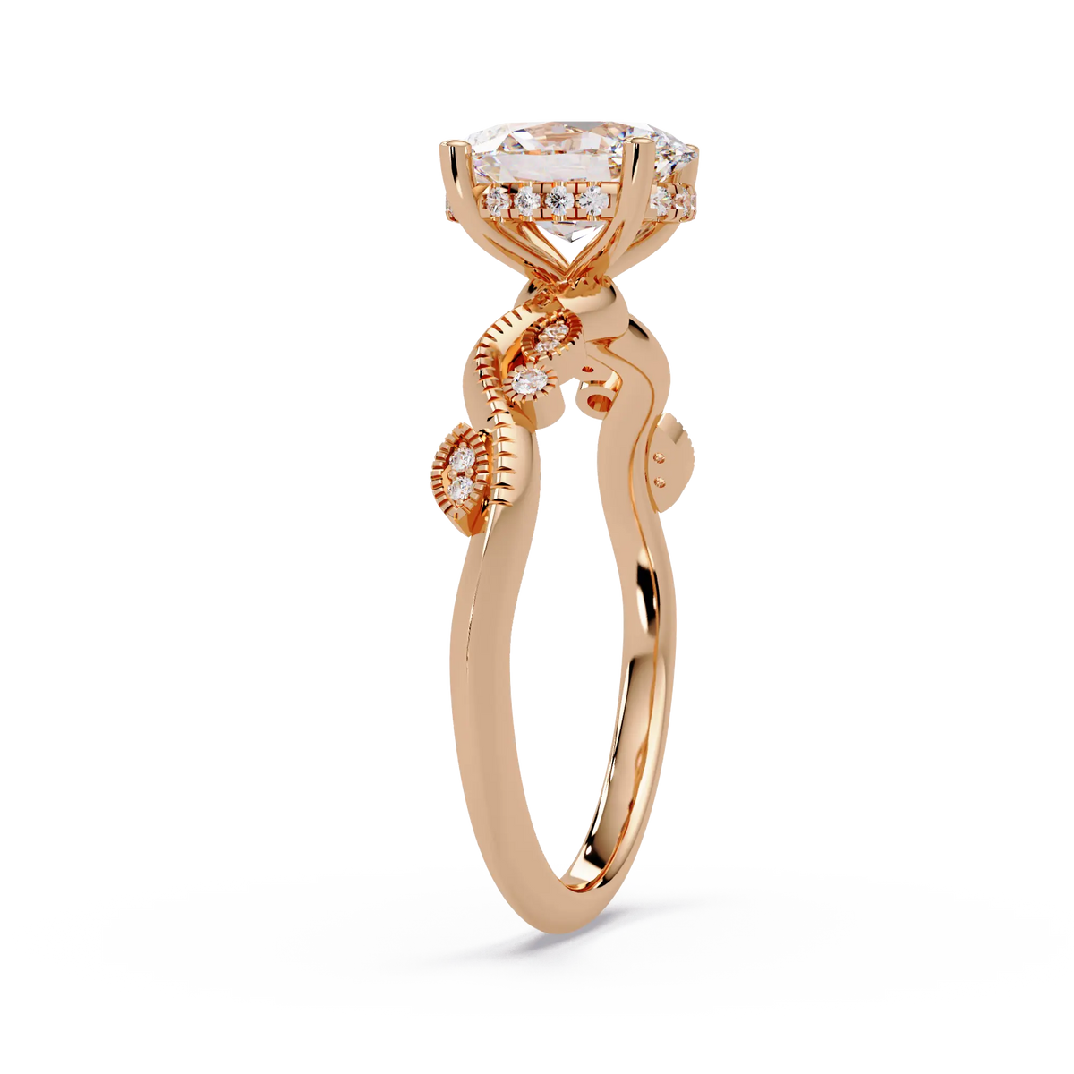 Oval Lab Grown Diamond Engagement Ring with Vintage Leaf-Inspired Twisted Shank