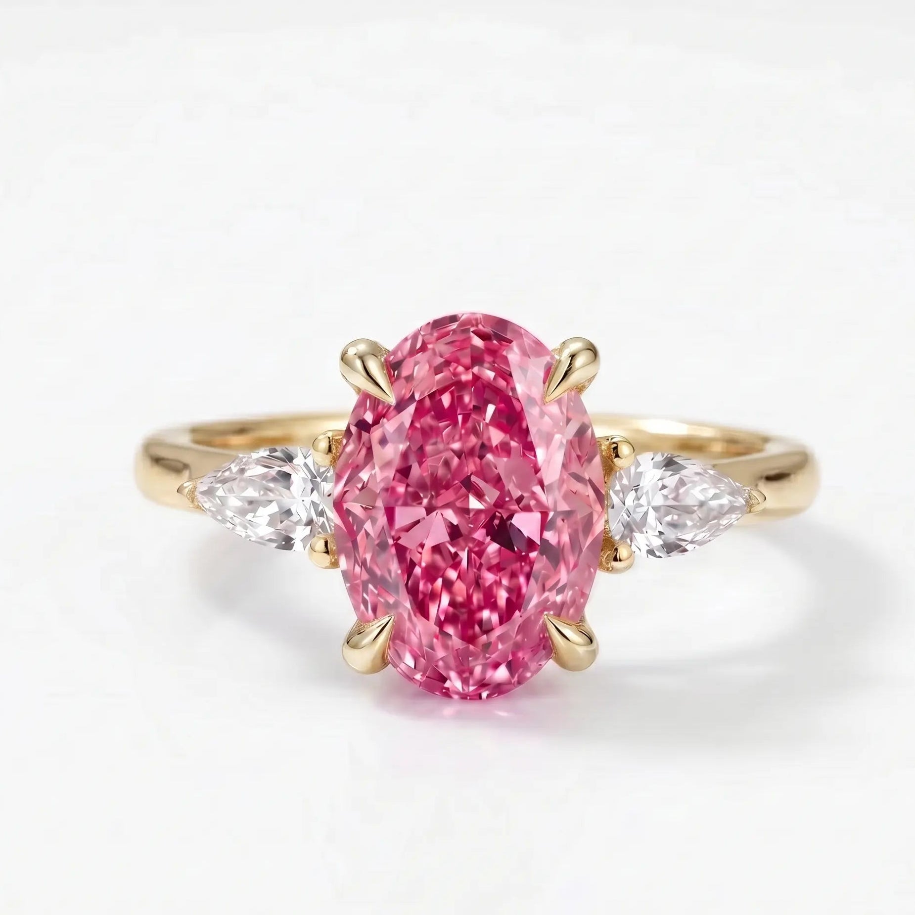 Oval Pink Sapphire Three Stone Lab Grown Diamond Engagement Ring with Pear Side Stones