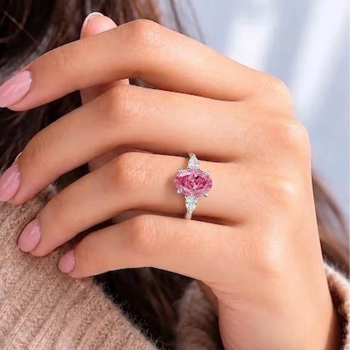 Oval Pink Sapphire Three Stone Lab Grown Diamond Engagement Ring with Pear Side Stones