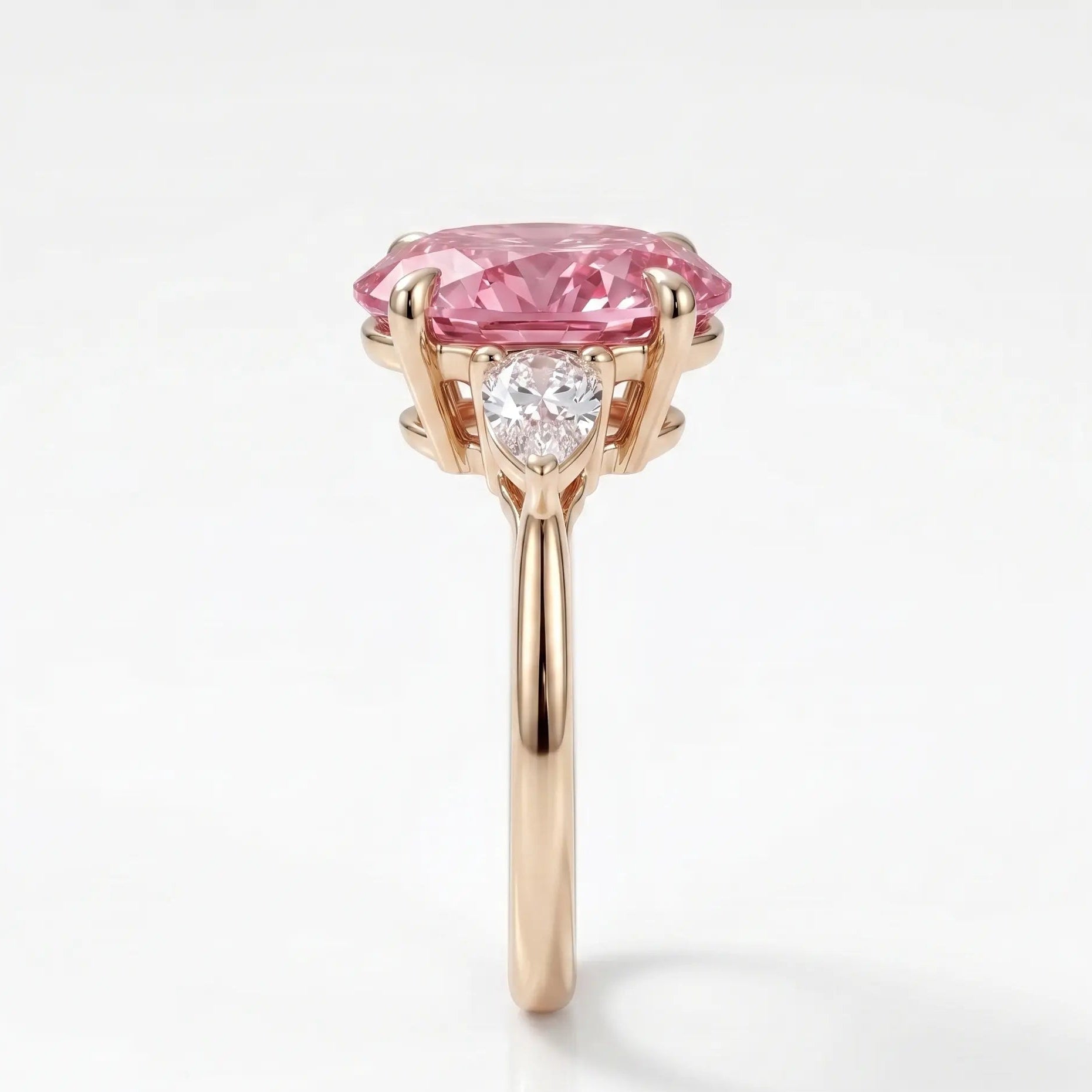 Oval Pink Sapphire Three Stone Lab Grown Diamond Engagement Ring with Pear Side Stones