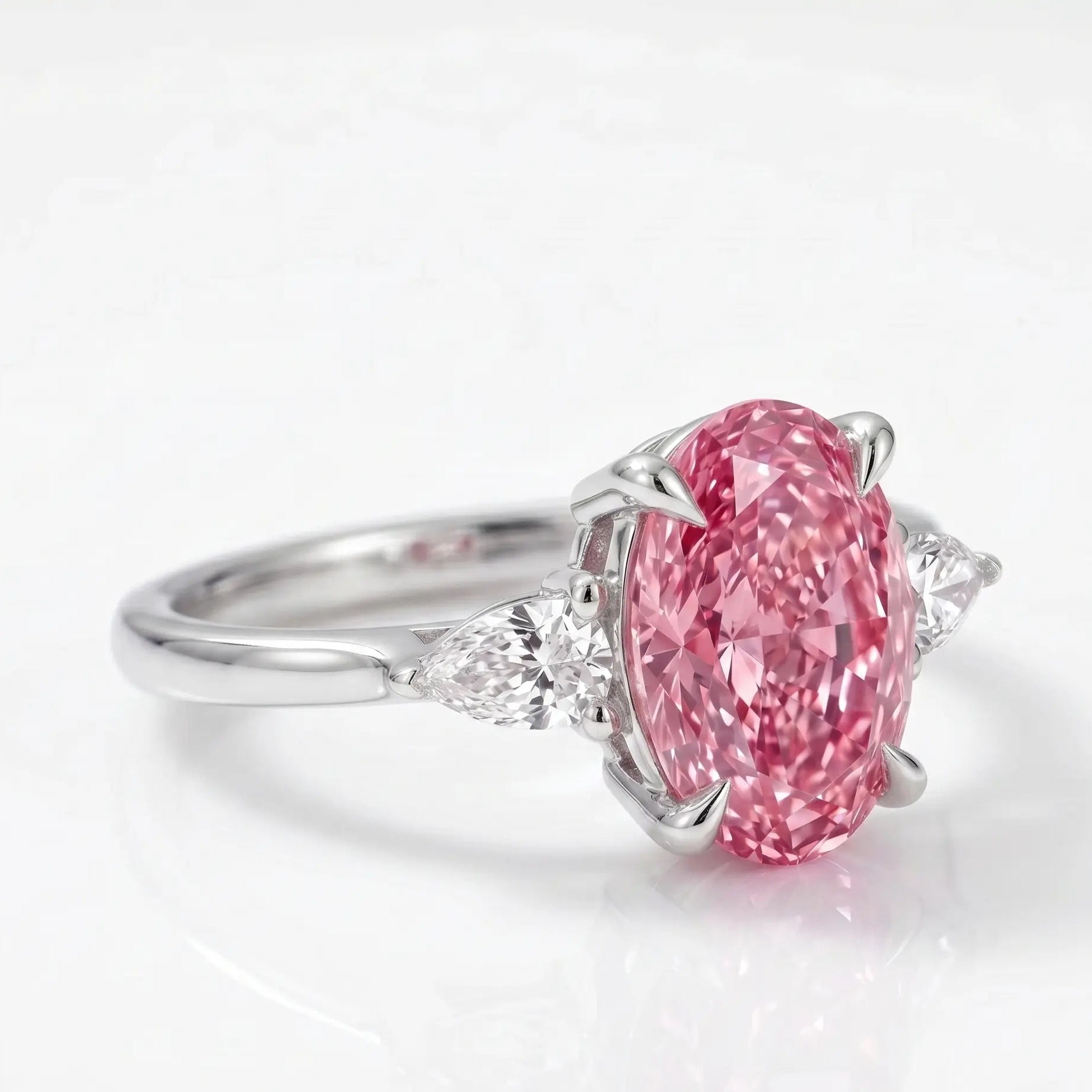 Oval Pink Sapphire Three Stone Lab Grown Diamond Engagement Ring with Pear Side Stones