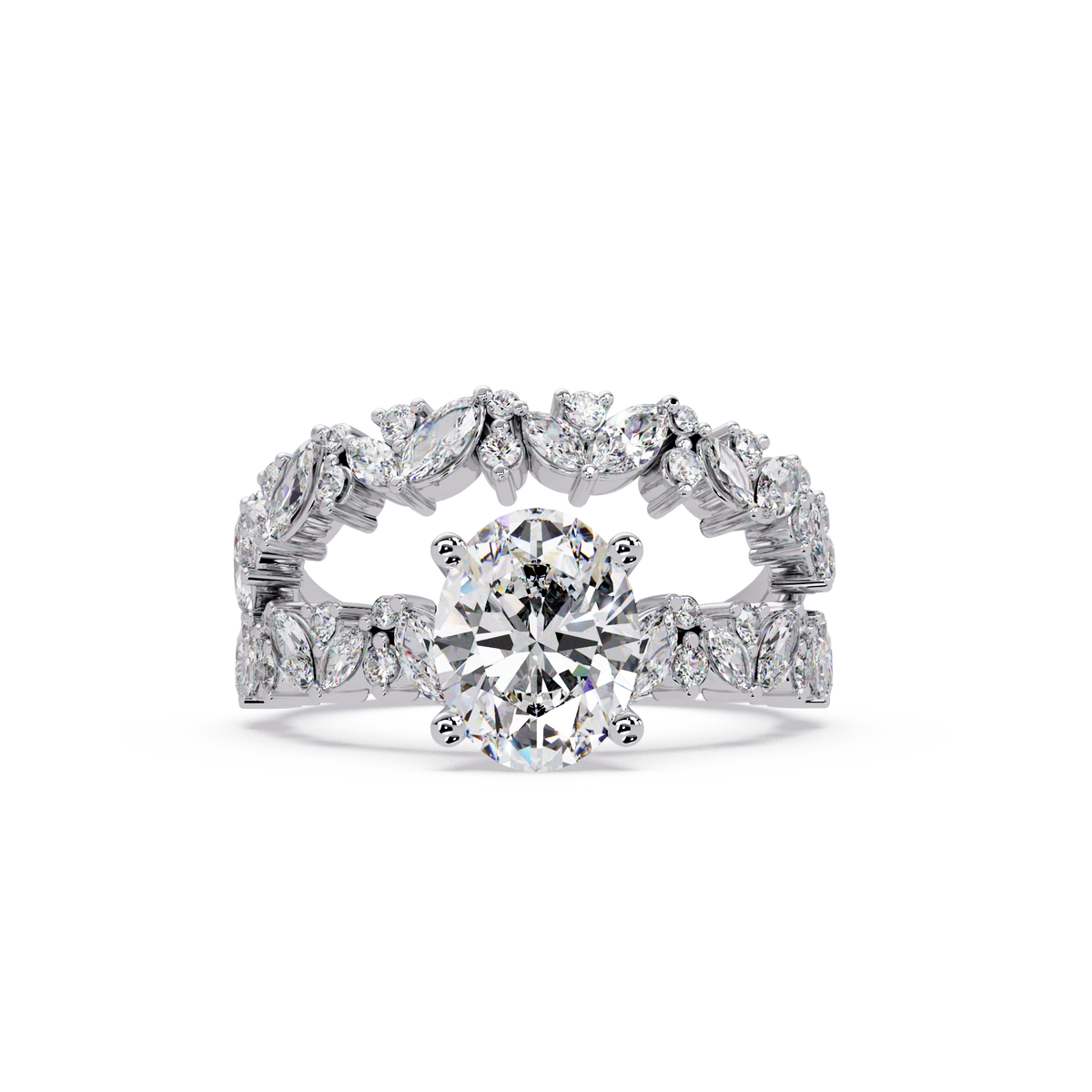 Oval Cut Lab Grown Diamond Floral Bridal Set White Gold Marquise Leaf Pavé Engagement Ring