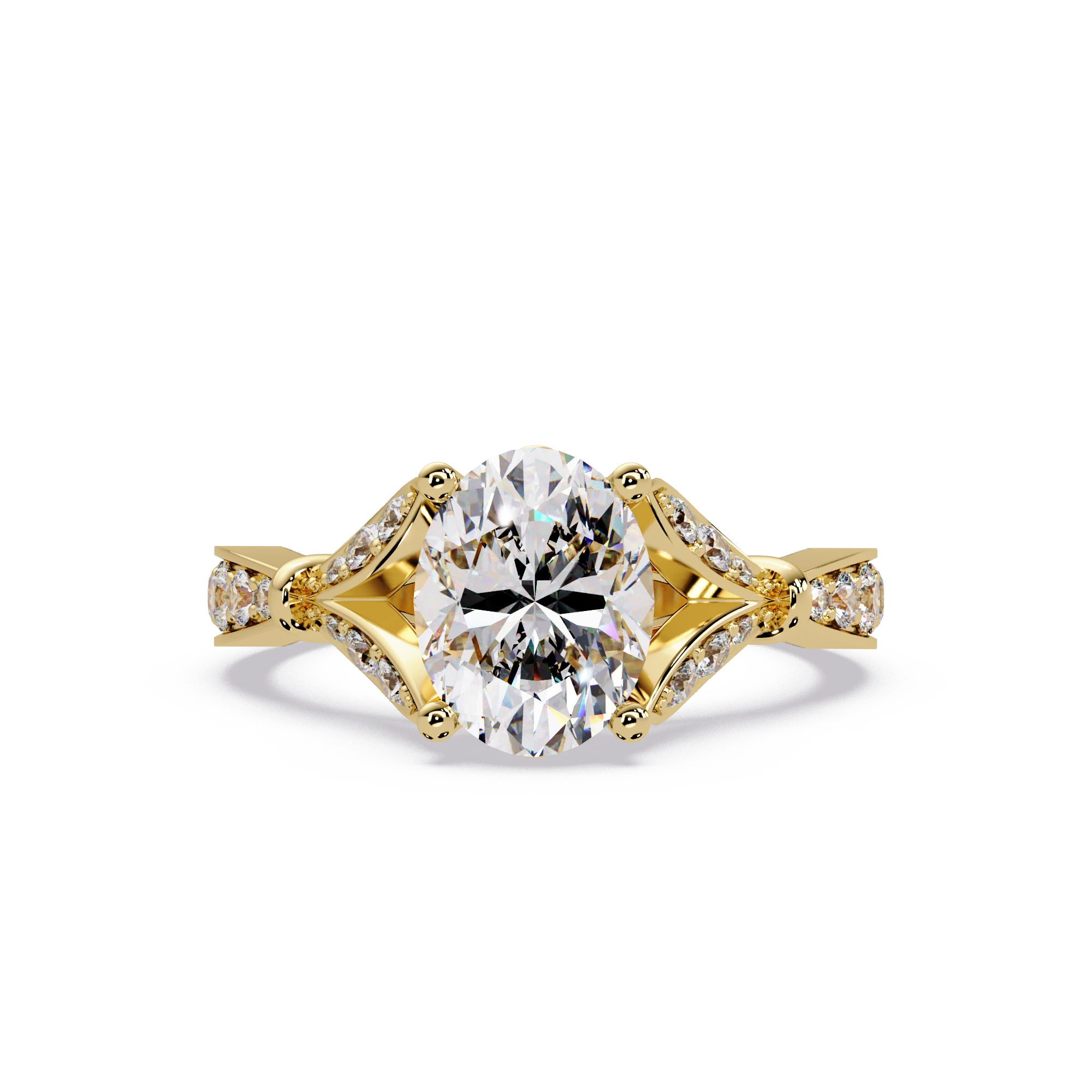 Oval Diamond Geometric Engagement Ring Yellow Gold Sculptural Pavé Solitaire Bridal Ring