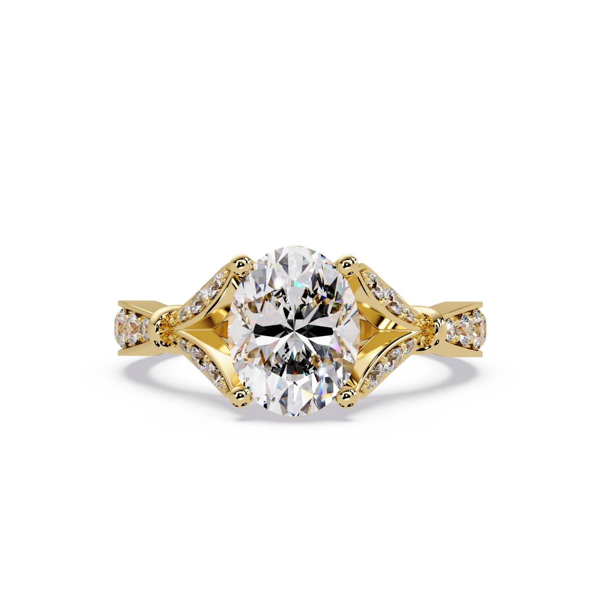 Oval Diamond Geometric Engagement Ring Yellow Gold Sculptural Pavé Solitaire Bridal Ring