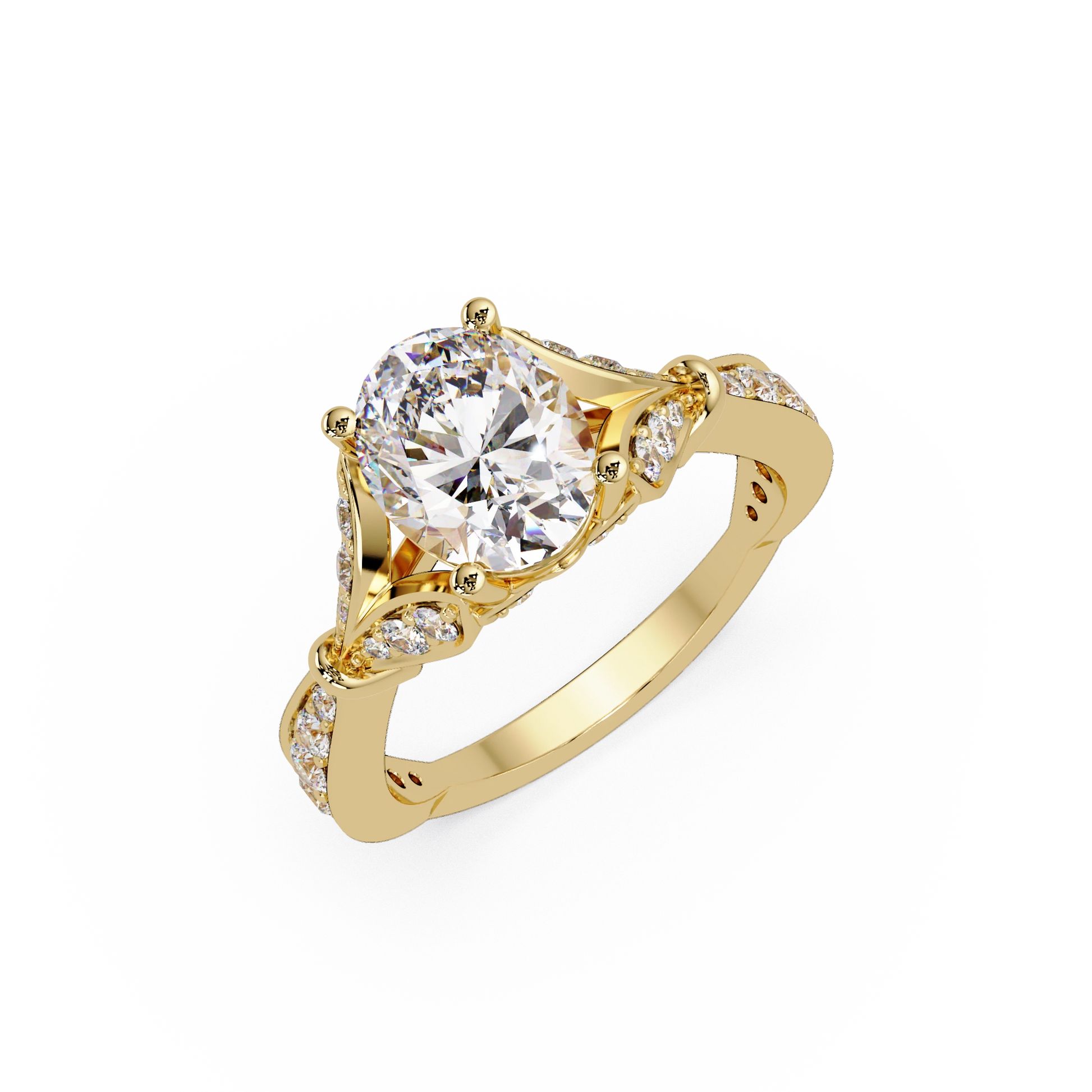 Oval Diamond Geometric Engagement Ring Yellow Gold Sculptural Pavé Solitaire Bridal Ring