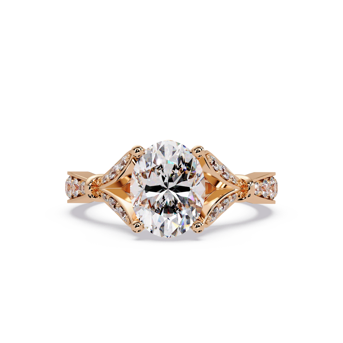 Oval Diamond Geometric Engagement Ring Yellow Gold Sculptural Pavé Solitaire Bridal Ring