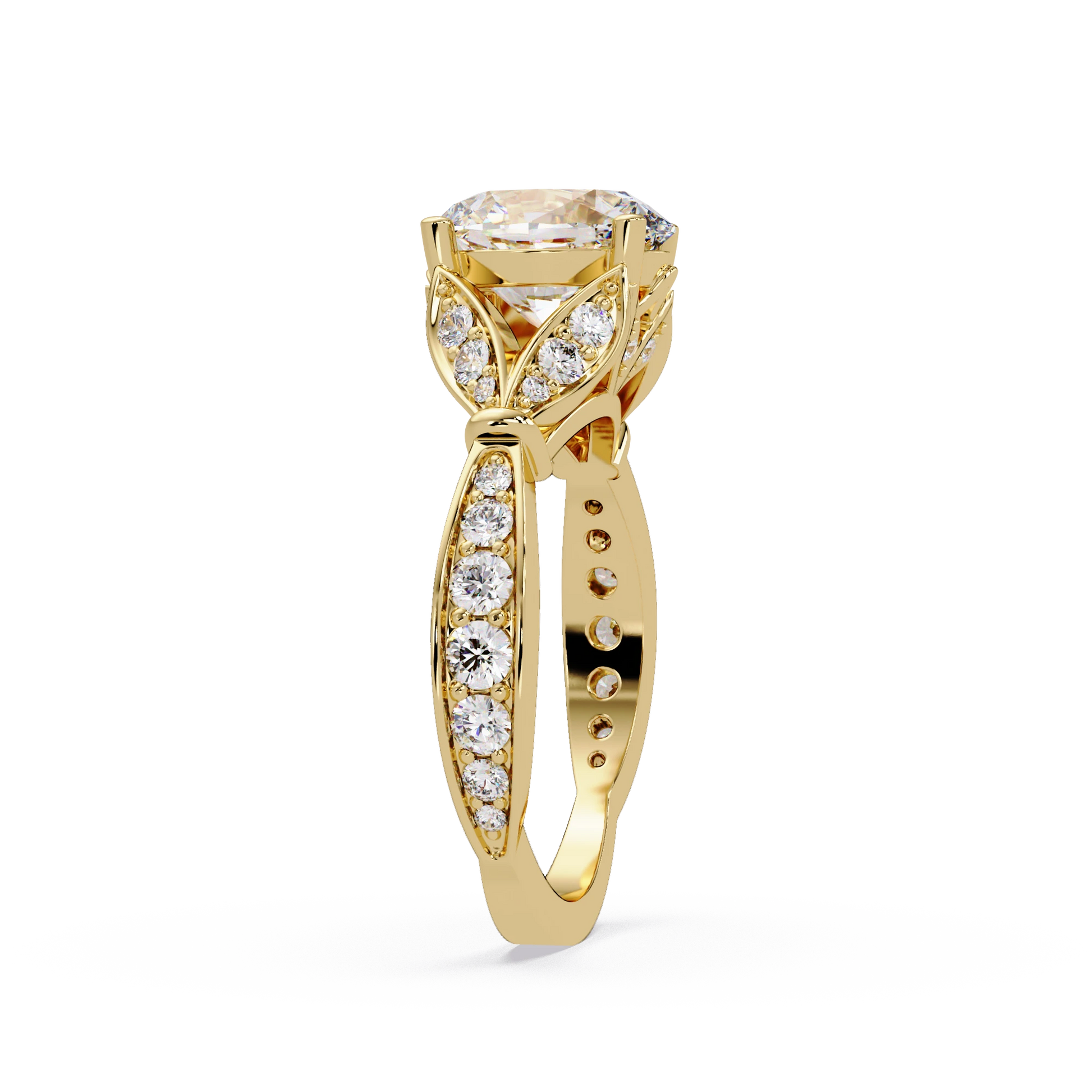 Oval Diamond Geometric Engagement Ring Yellow Gold Sculptural Pavé Solitaire Bridal Ring
