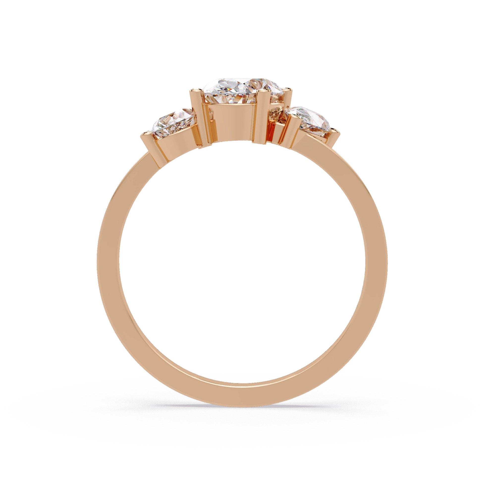 Three Stone Diamond Engagement Ring Rose Gold Oval Center Floral Cluster Bridal Ring