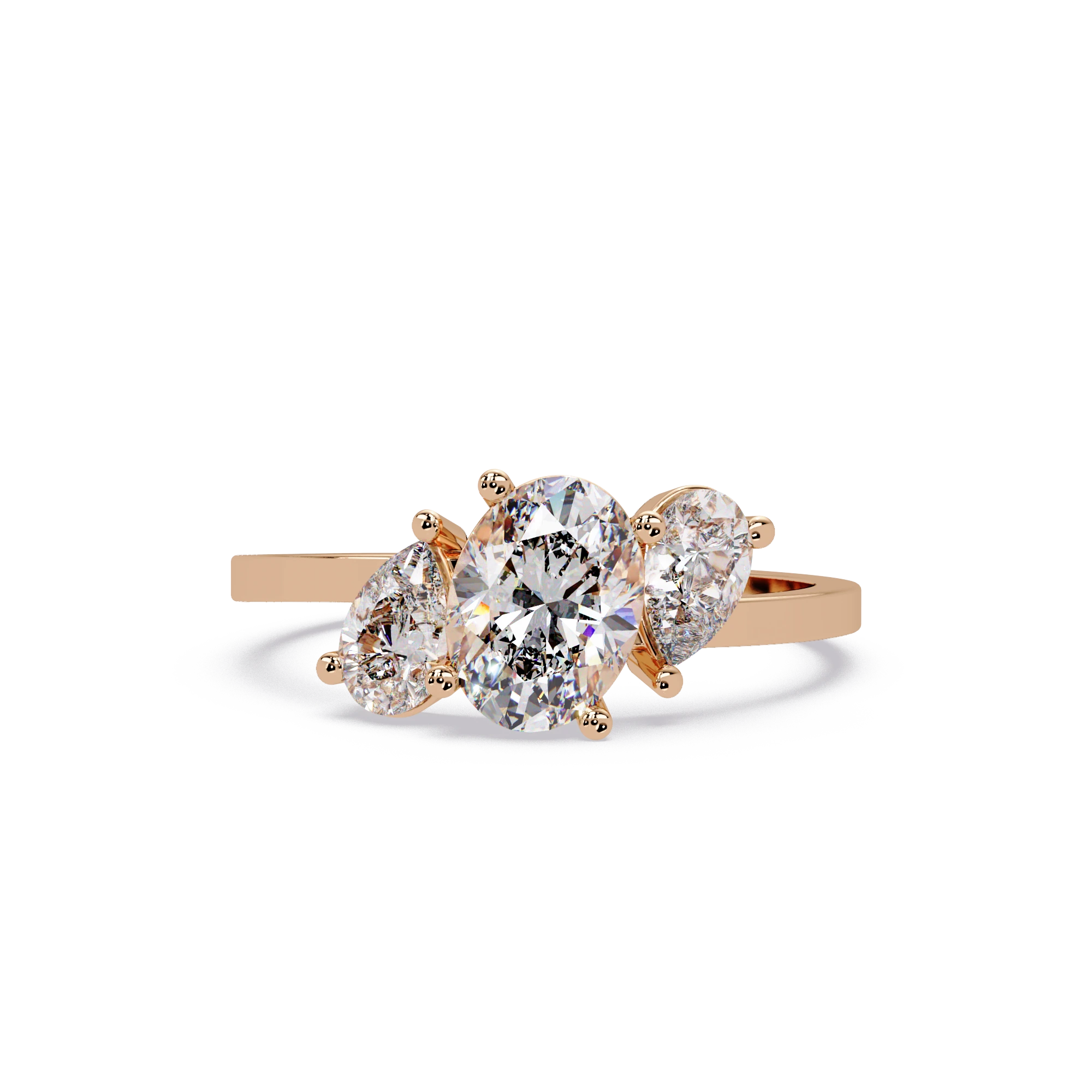 Three Stone Diamond Engagement Ring Rose Gold Oval Center Floral Cluster Bridal Ring