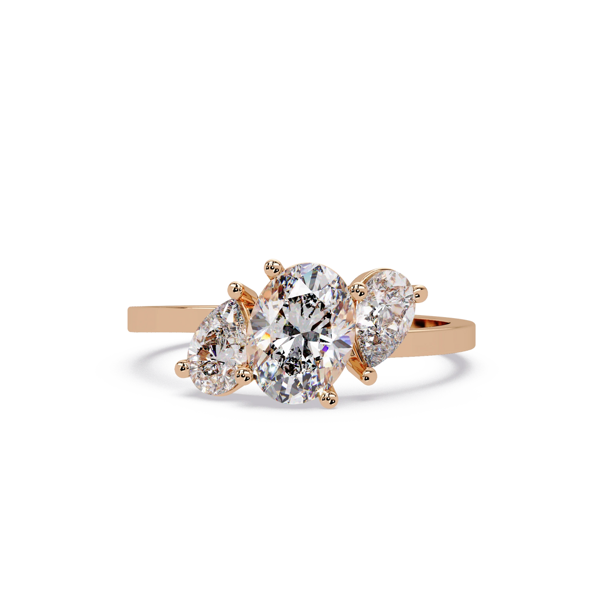 Three Stone Diamond Engagement Ring Rose Gold Oval Center Floral Cluster Bridal Ring