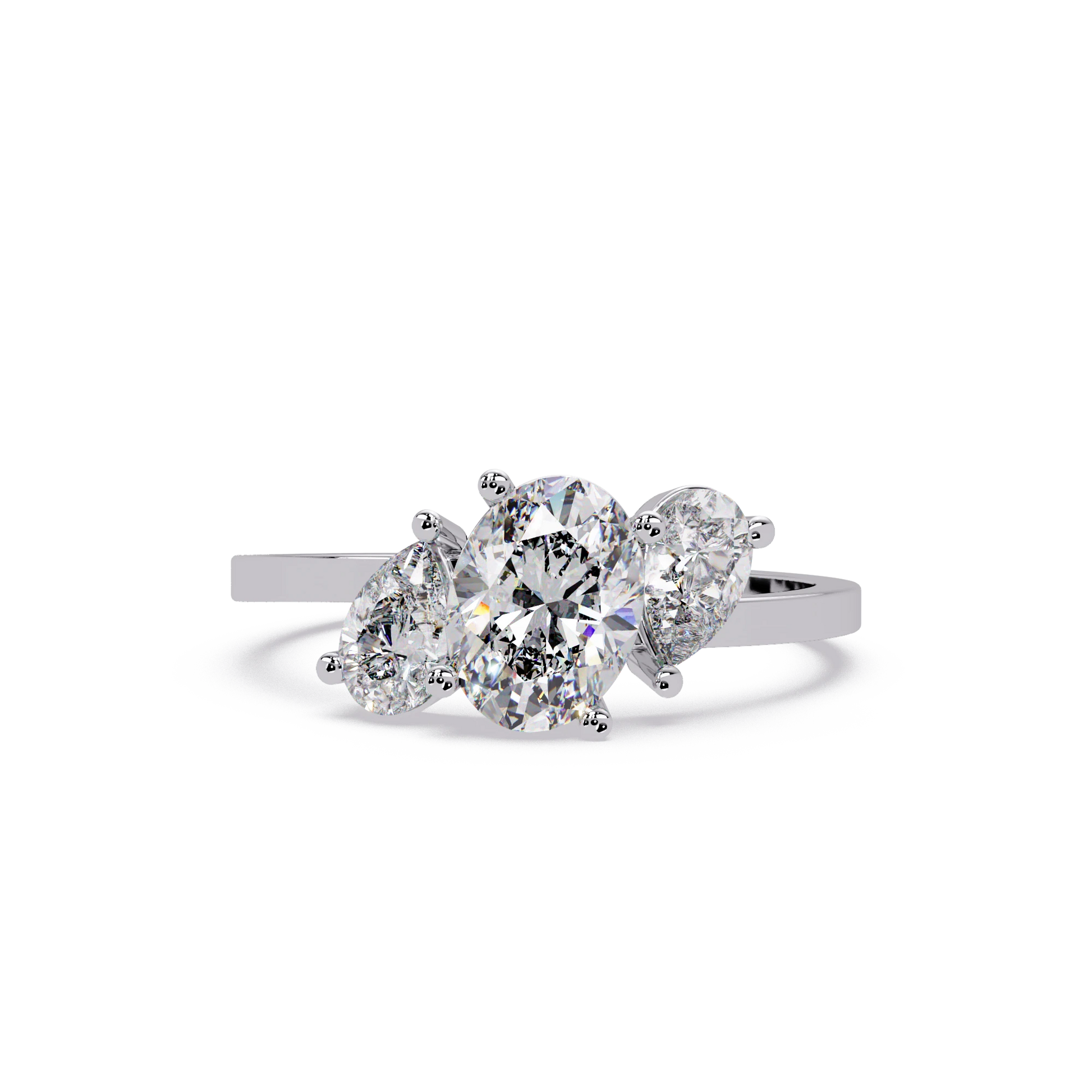 Three Stone Diamond Engagement Ring Rose Gold Oval Center Floral Cluster Bridal Ring