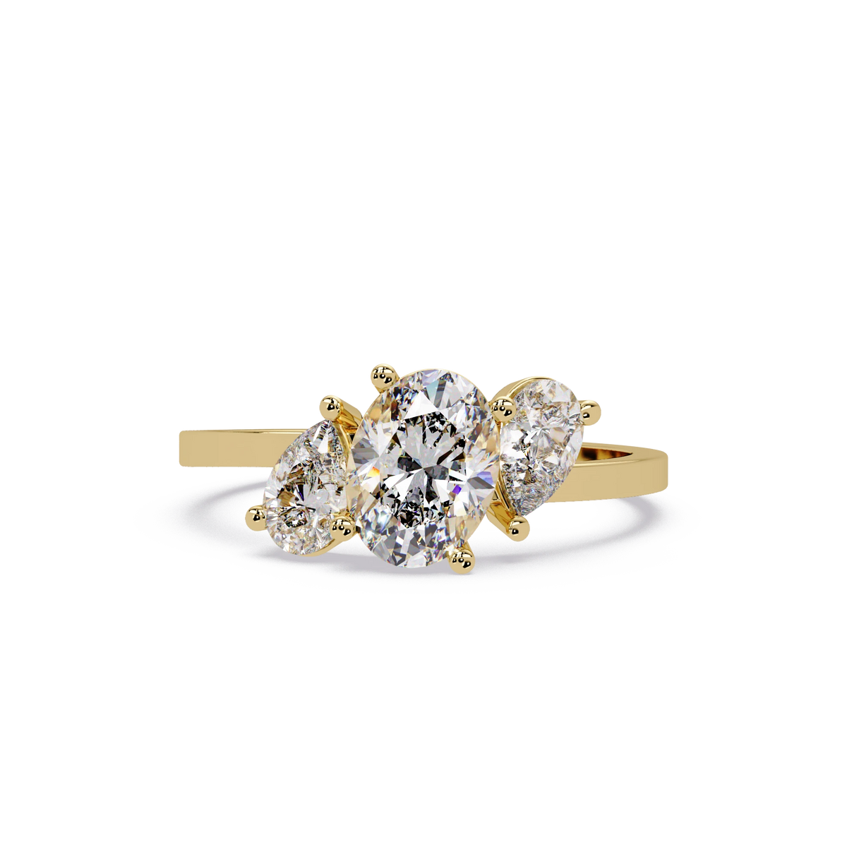 Three Stone Diamond Engagement Ring Rose Gold Oval Center Floral Cluster Bridal Ring