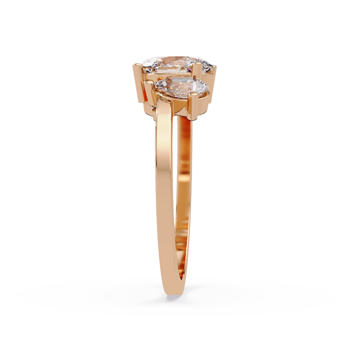 Three Stone Diamond Engagement Ring Rose Gold Oval Center Floral Cluster Bridal Ring