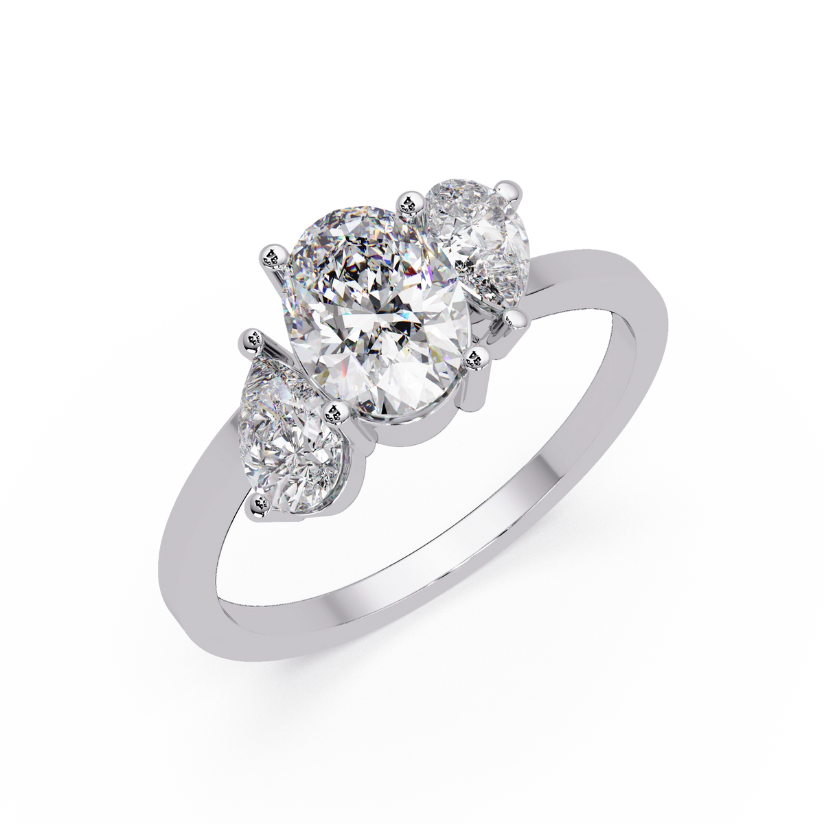 Three Stone Diamond Engagement Ring Rose Gold Oval Center Floral Cluster Bridal Ring