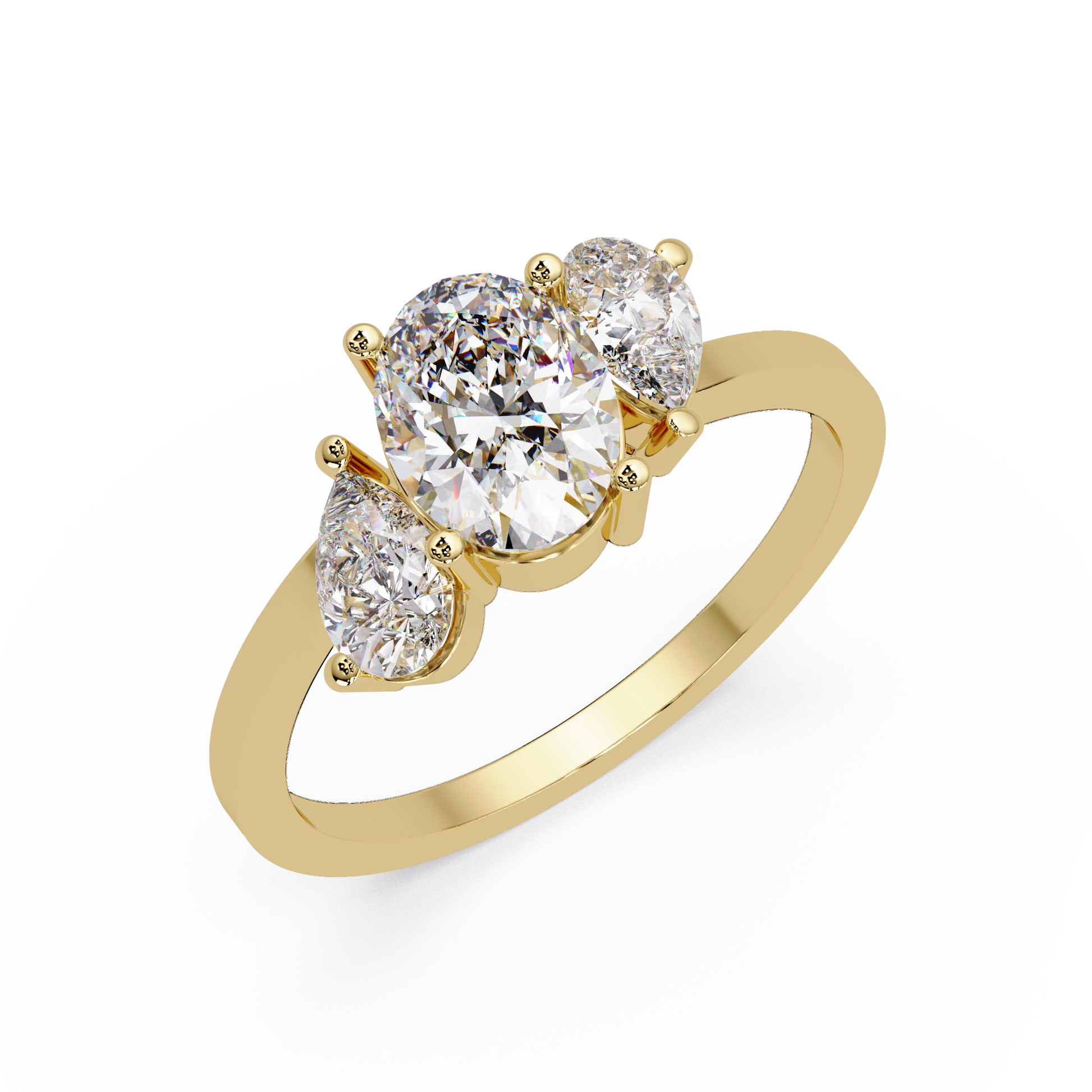 Three Stone Diamond Engagement Ring Rose Gold Oval Center Floral Cluster Bridal Ring