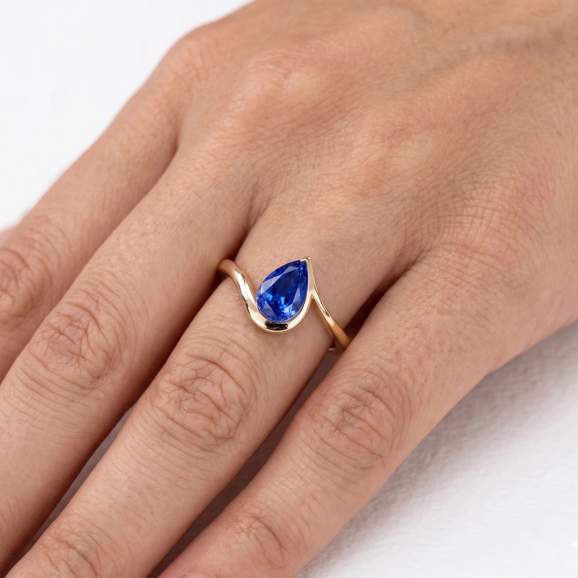Pear Blue Sapphire Solitaire Ring - Teardrop Lab Grown Diamond Gemstone Ring