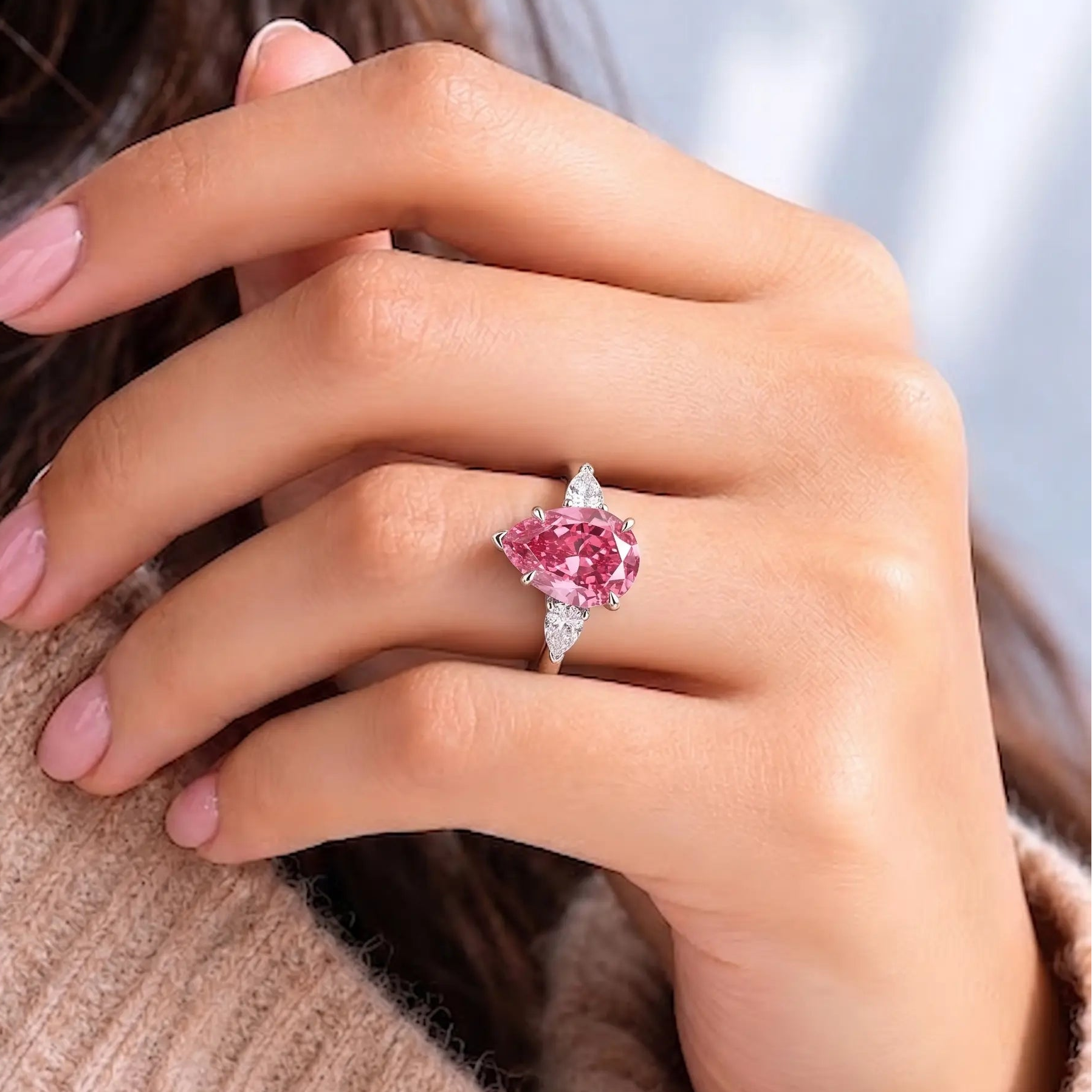 Pear Cut Pink sapphire Engagement Ring with Trillion Diamond Side Stones