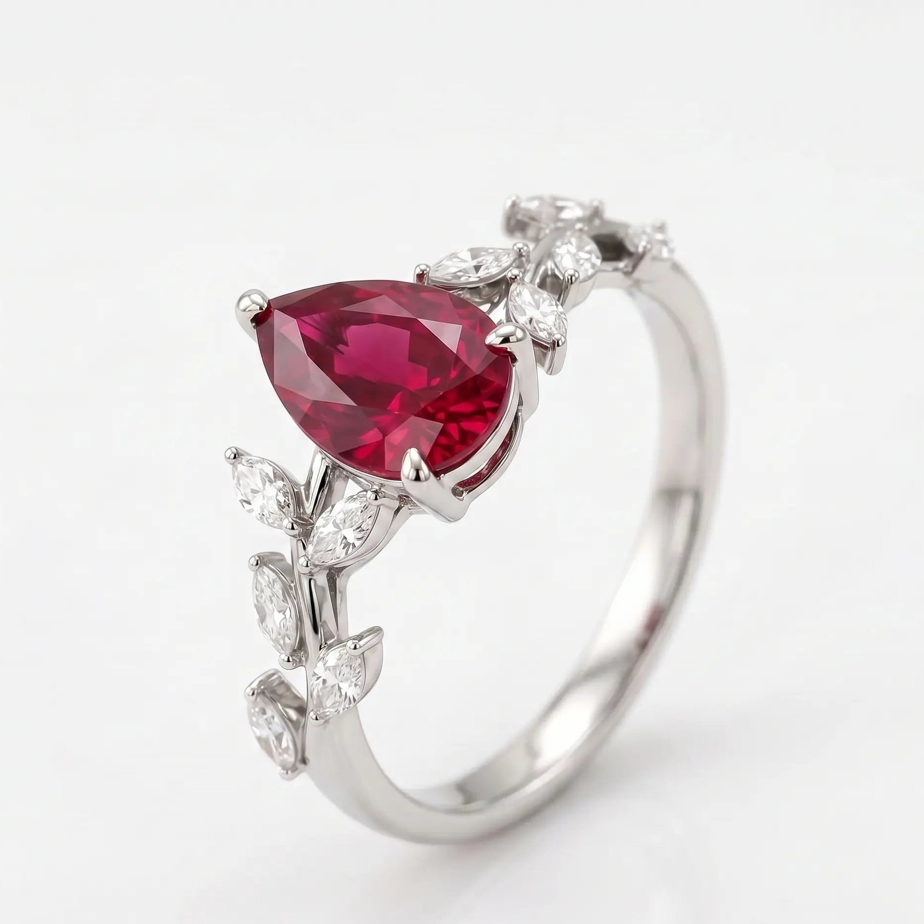Pear Cut Red Ruby Nature Inspired Engagement Ring with Leaf Accents