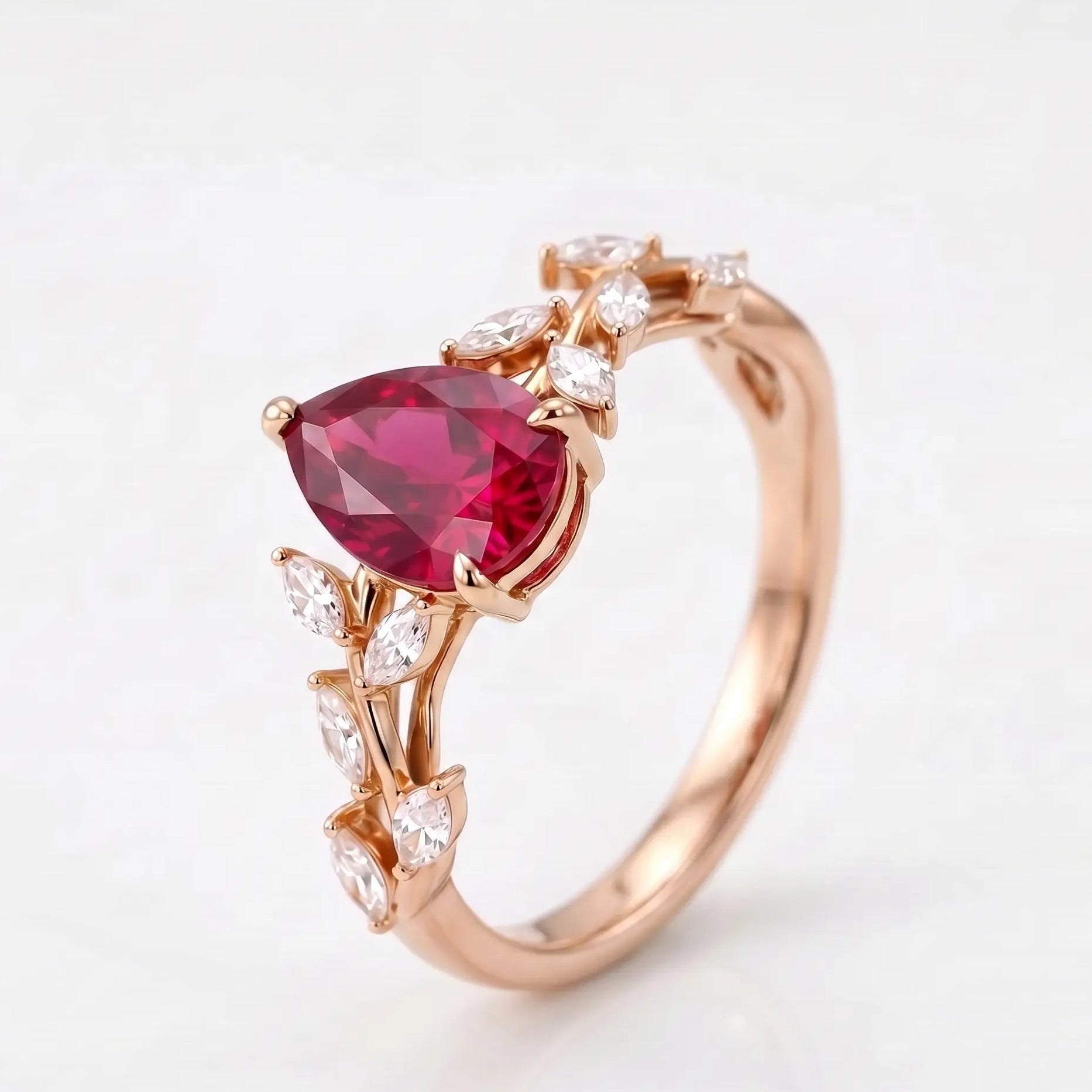 Pear Cut Red Ruby Nature Inspired Engagement Ring with Leaf Accents