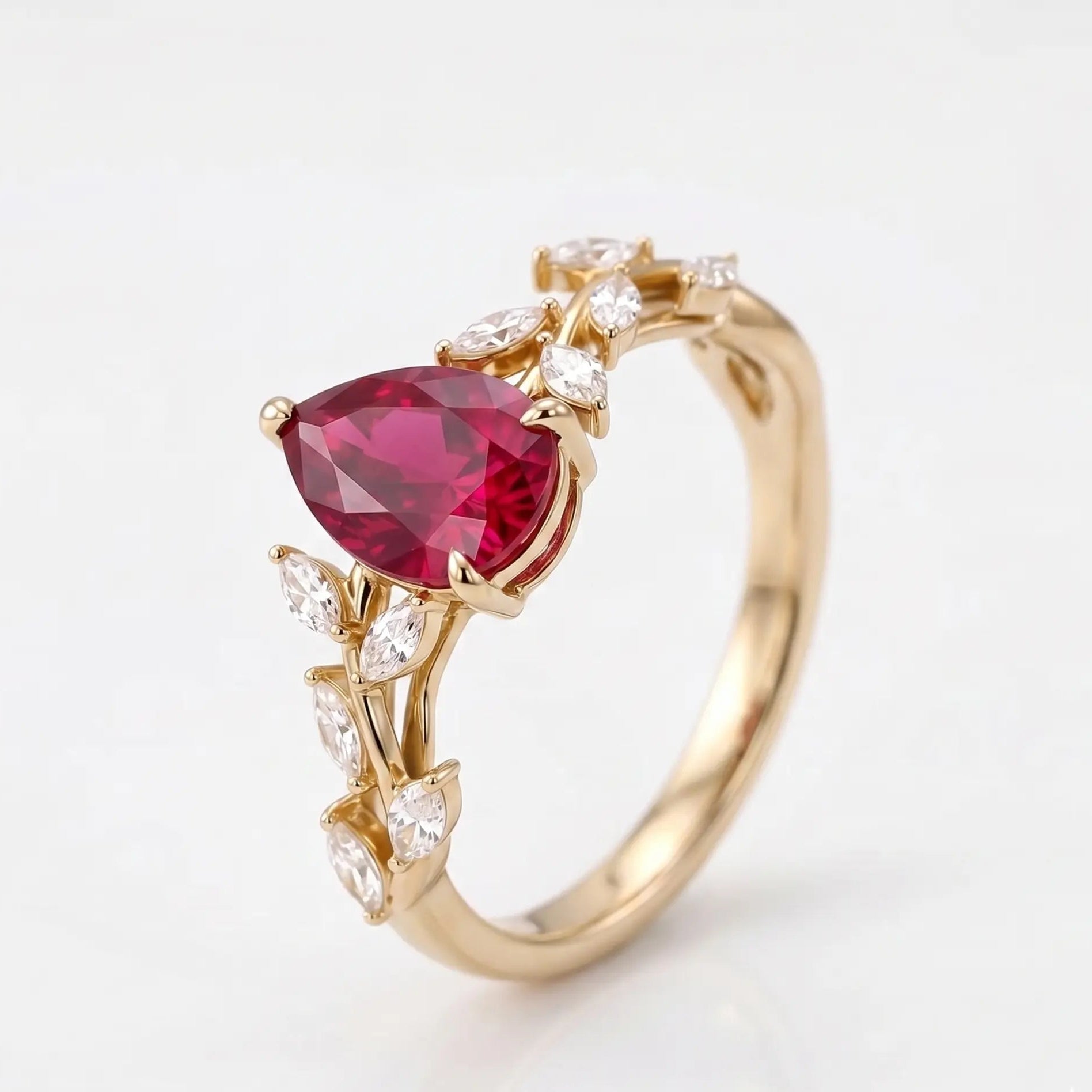 Pear Cut Red Ruby Nature Inspired Engagement Ring with Leaf Accents