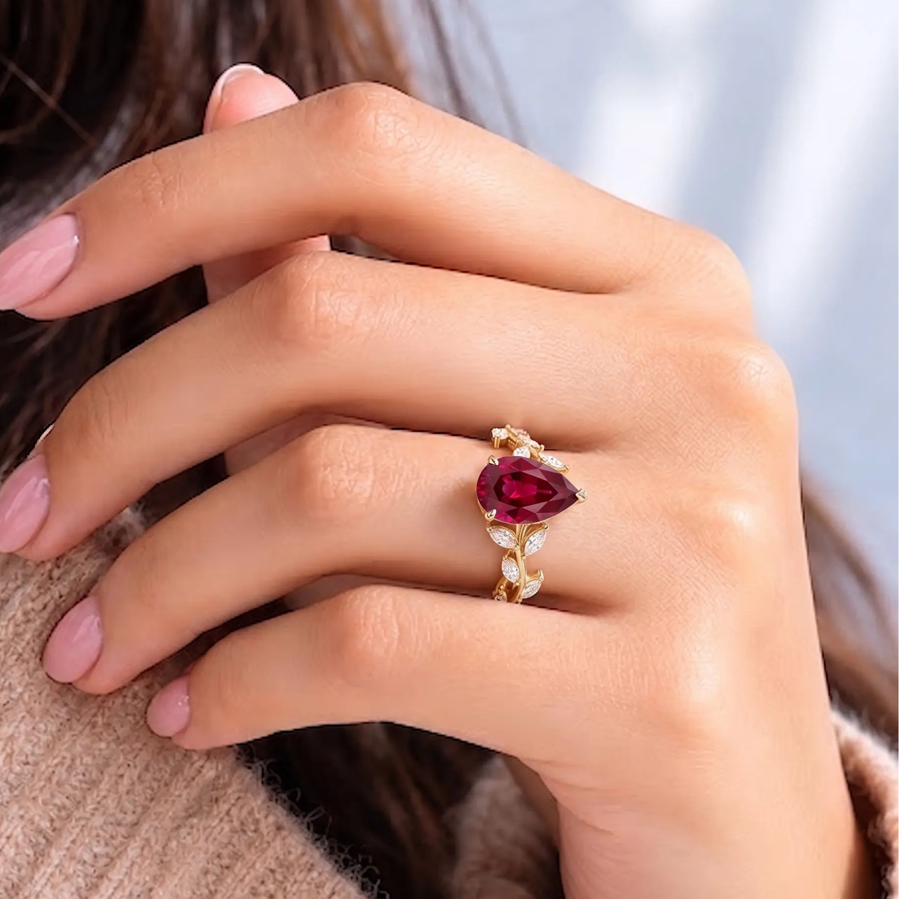 Pear Cut Red Ruby Nature Inspired Engagement Ring with Leaf Accents