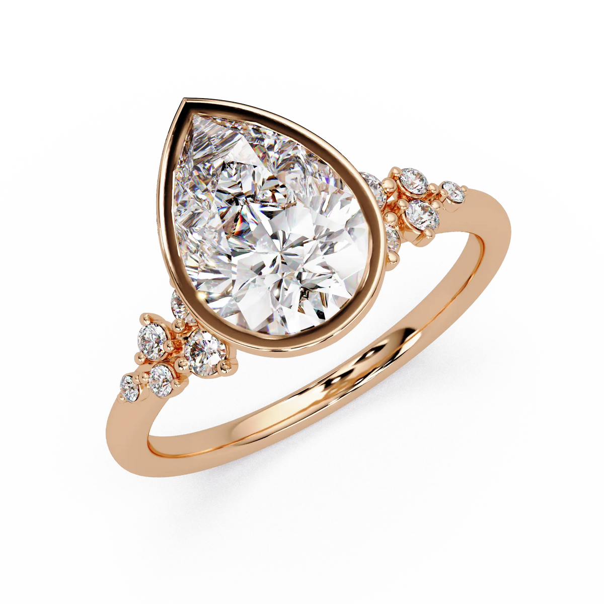 Pear Diamond Bezel Engagement Ring - Floral Side Stone Yellow Gold Ring